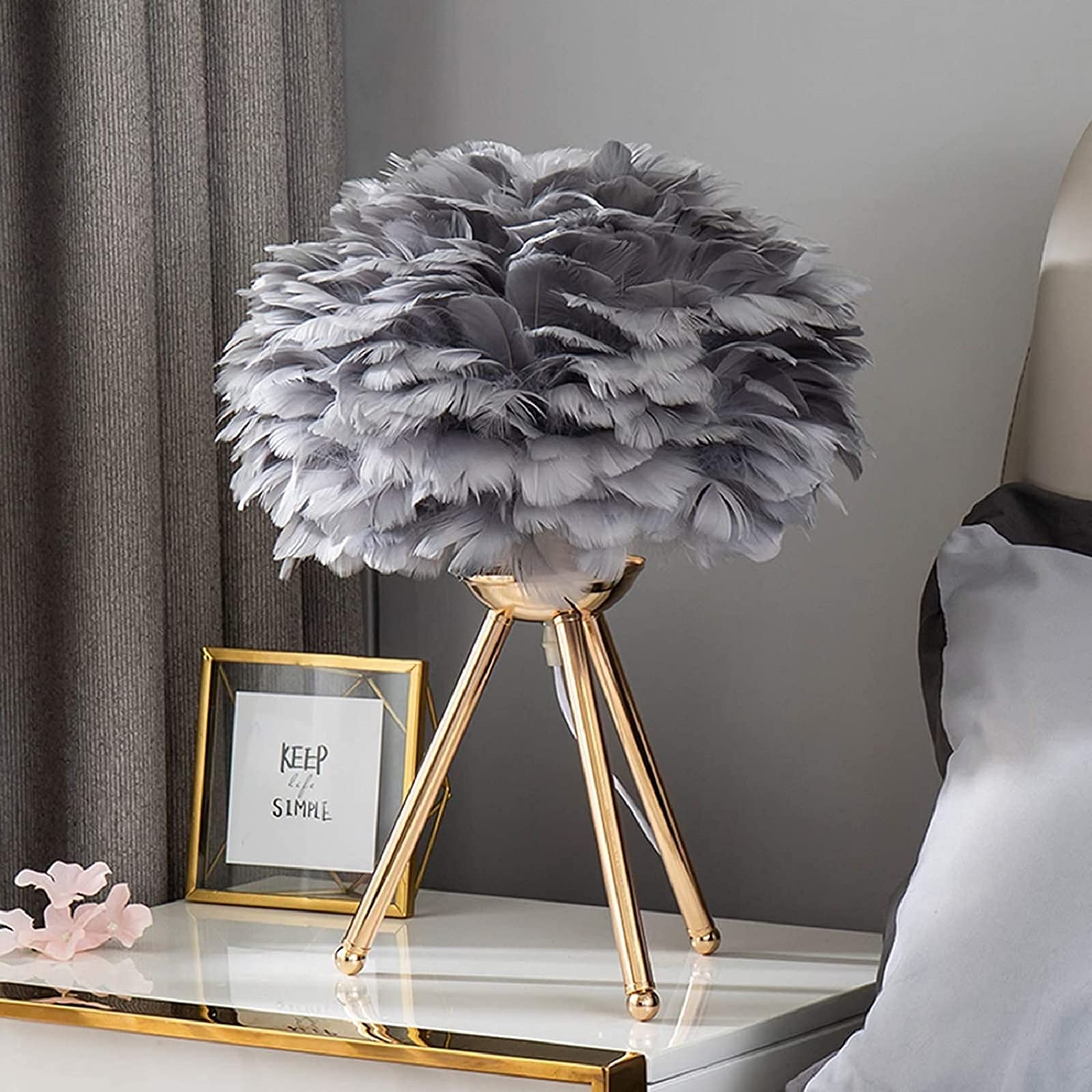 Feather Table Lamp with Gold Finish - XWSM Tripod Nightstand Lamp for Bedroom, Living Room, Dining Room & Kitchen | Grey Feather Accent Lighting for Modern Home Decor