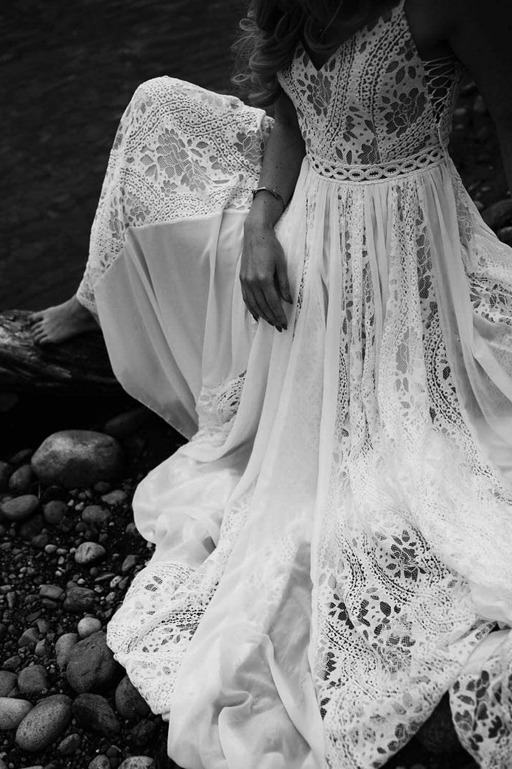 2023 Bohemian Wedding Dresses for Bride - Spaghetti Strap V-Neck Backless Lace Bridal Gown | Summer Beach & Outdoor Ceremony Wedding Dress