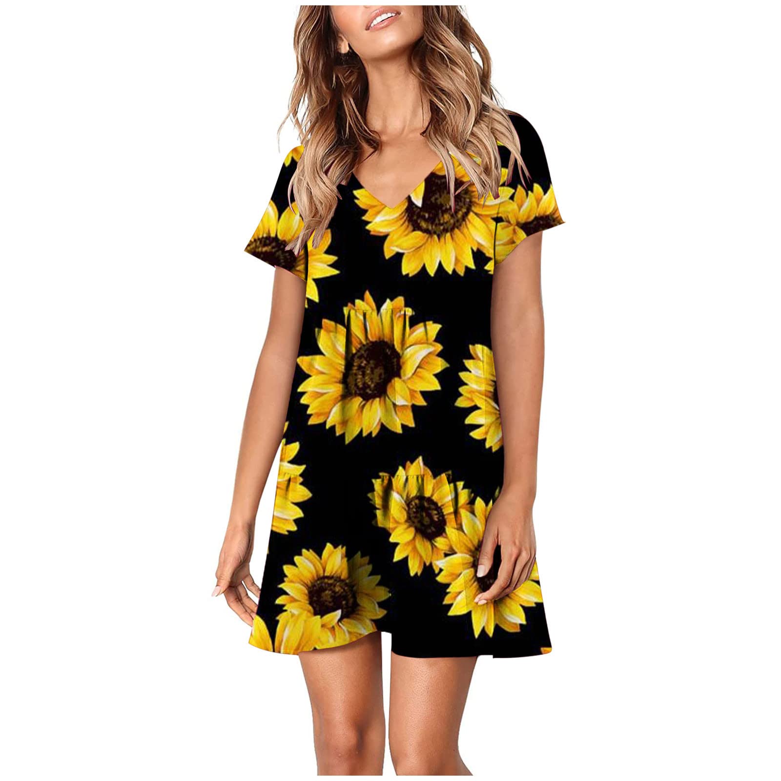 Women's Sexy A-Line Flared V-Neck Tunic Dress - Spring Summer Short Sleeve Flowy Mini Sun Dress for Party, Beach & Casual Wear