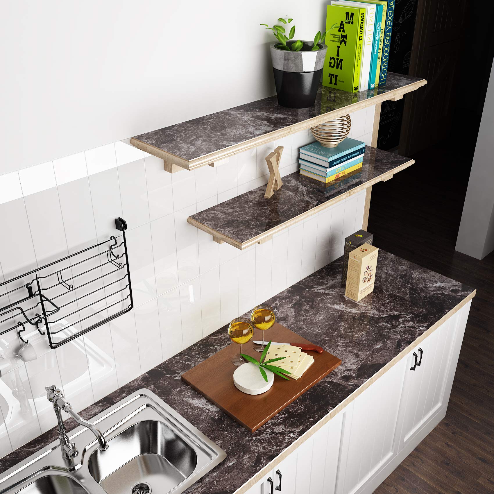 VEELIKE Black Marble Peel and Stick Contact Paper - Waterproof, Removable, Oil-Proof Adhesive Film for Countertops, Cabinets & Walls - 35.4