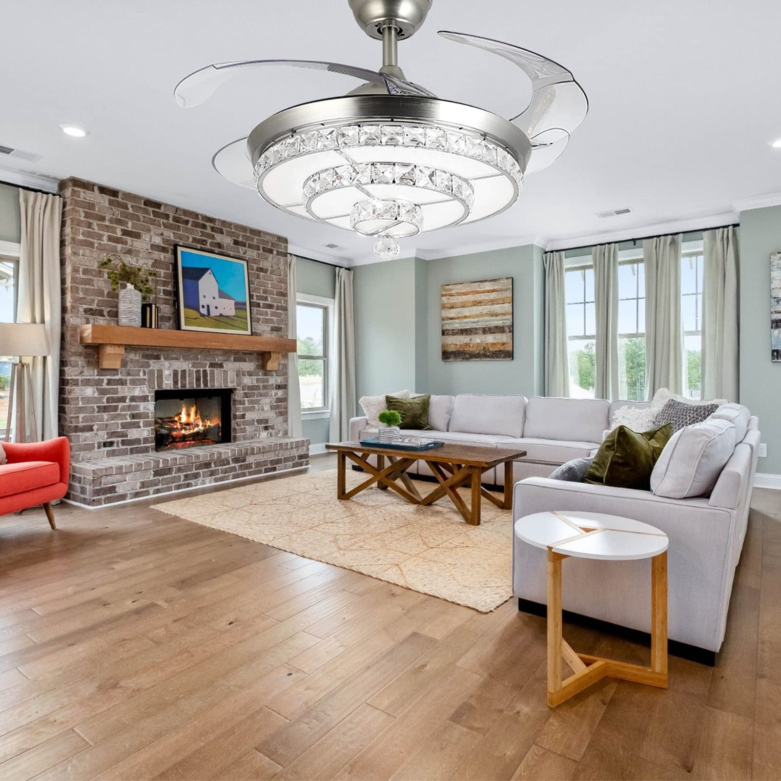 42 Inch Modern Crystal Ceiling Fan with Remote Control - Retractable Crystal Chandelier Fan with Dimmable LED Lights - Perfect for Dining Room, Living Room & Bedroom (Silver) | Energy Efficient Cooling & Elegant Lighting Solution