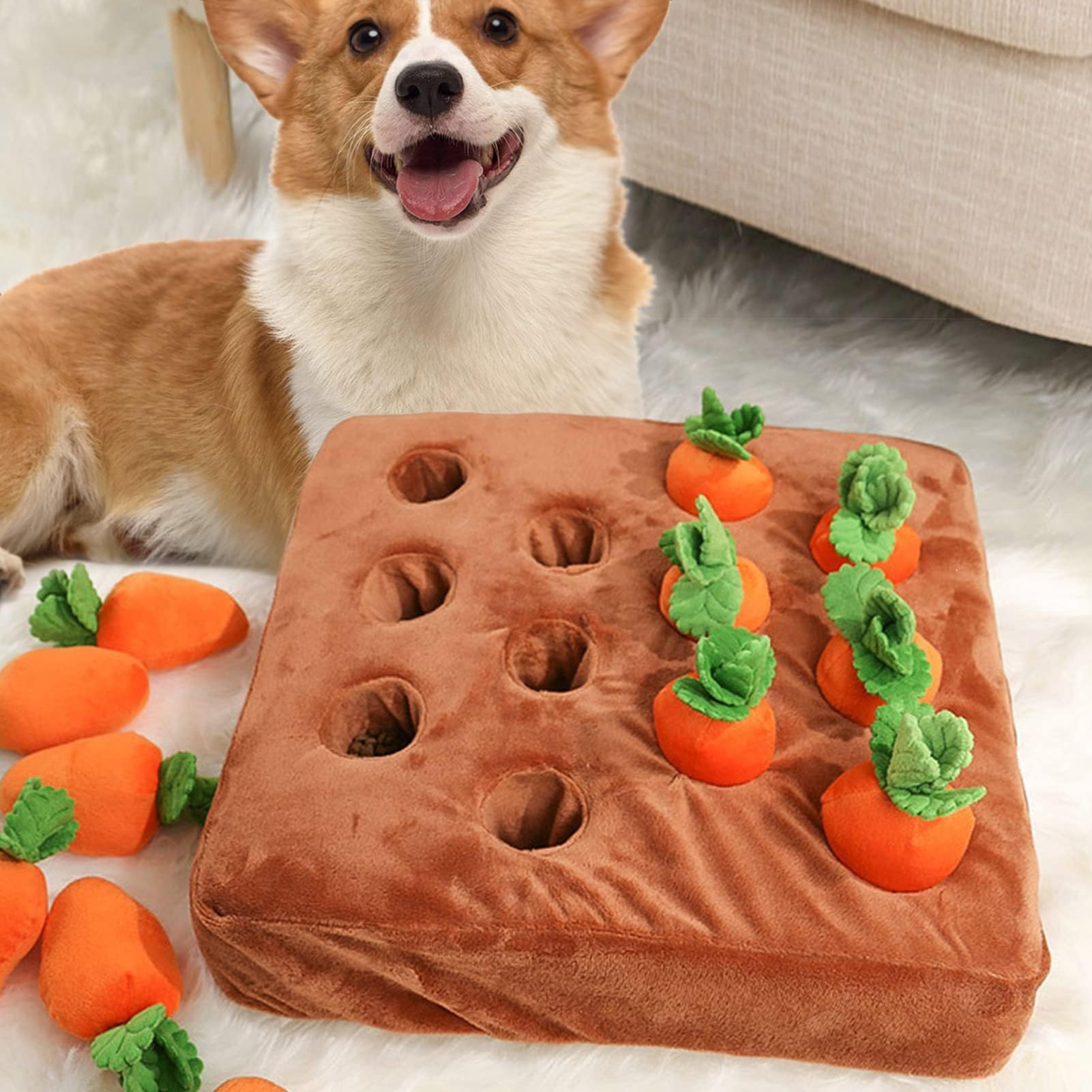 Dog Snuffle Mat with 12 Carrots - Interactive Puzzle Toy for Stress Relief & Nosework Feeding Games