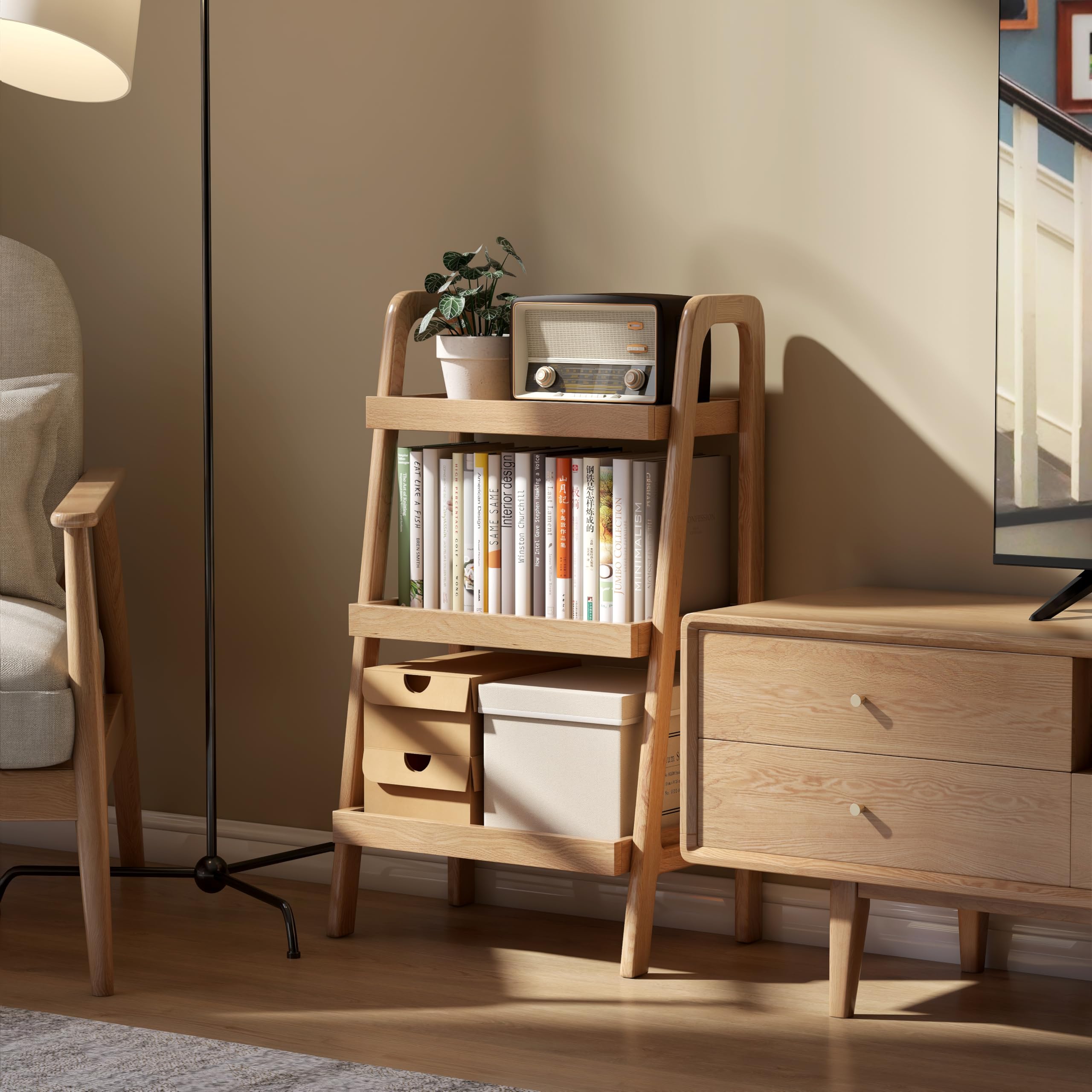 3-Tier Ladder Bookshelf - Solid Oak Wood Bookcase with Open Storage Shelves for Living Room, Bedroom, Kitchen & Bathroom - Perfect as Floor Shelf, End Table or Decorative Display Stand