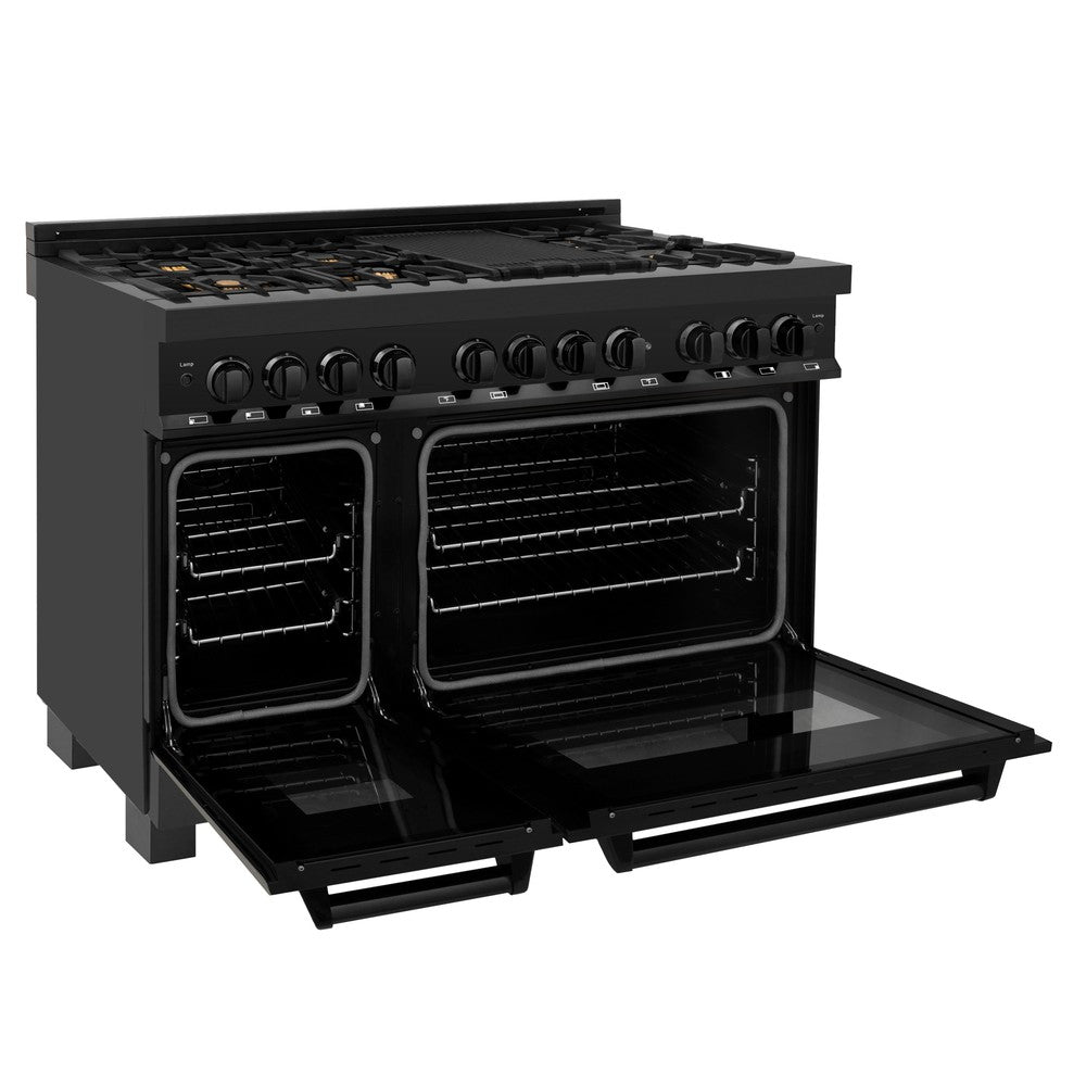 ZLINE 48-Inch 6.0 cu. ft. Dual Fuel Range with Gas Cooktop & 2 Electric Ovens - Black Stainless Steel with Brass Burners (RAB BR 48) | Professional Kitchen Appliance for Home Chefs & Cooking Enthusiasts