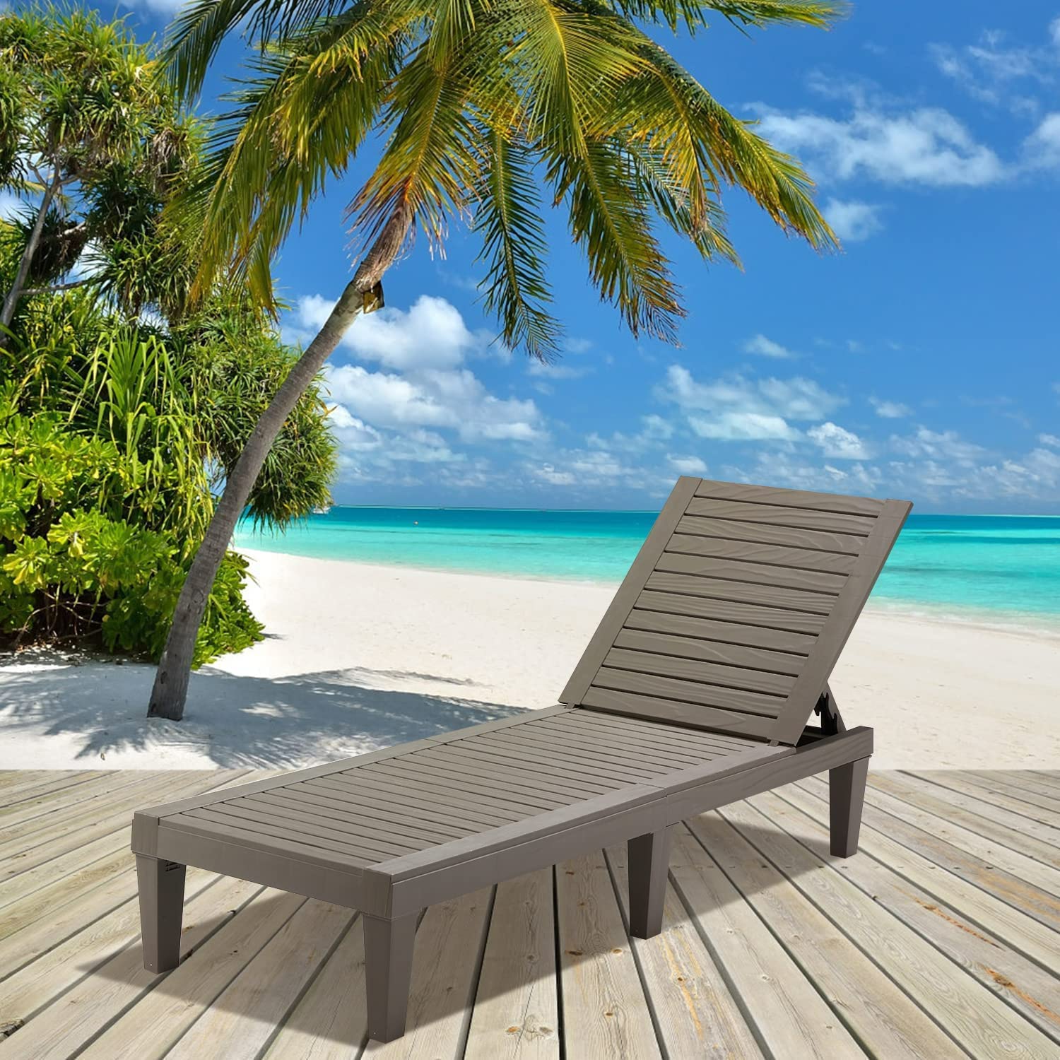 MELLCOM Outdoor Chaise Lounge Chair - 5-Position Adjustable Backrest, All-Weather Patio Lounger with Wood Texture Design - Perfect for Garden, Beach, Poolside & Backyard Relaxation