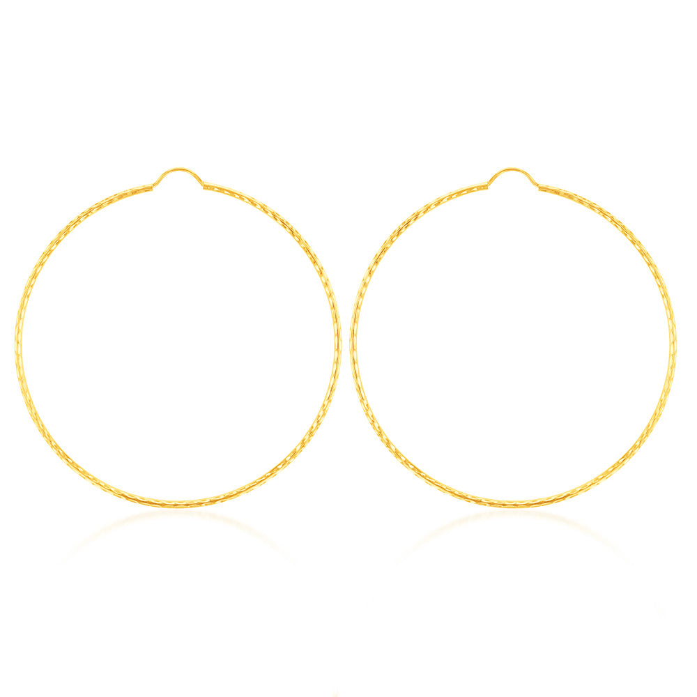 9ct Yellow Gold 50mm Diamond Cut Hoop Earrings for Women - Elegant Dangle Hoops for Party, Wedding & Everyday Wear