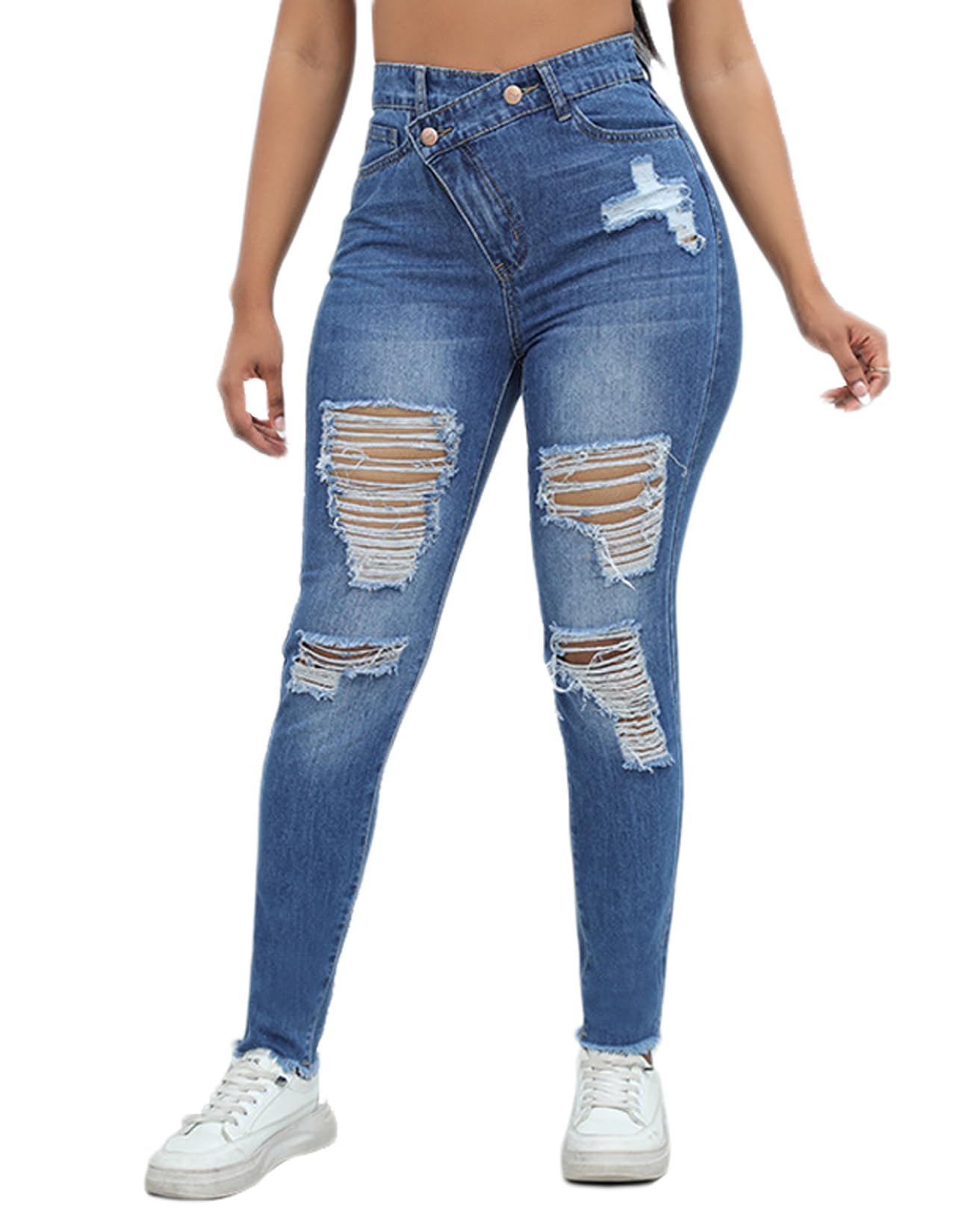 Romastory Women's High Waisted Ripped Skinny Jeans - Stretchy Distressed Denim Pants for Women | Casual Outfit, Streetwear, Date Night