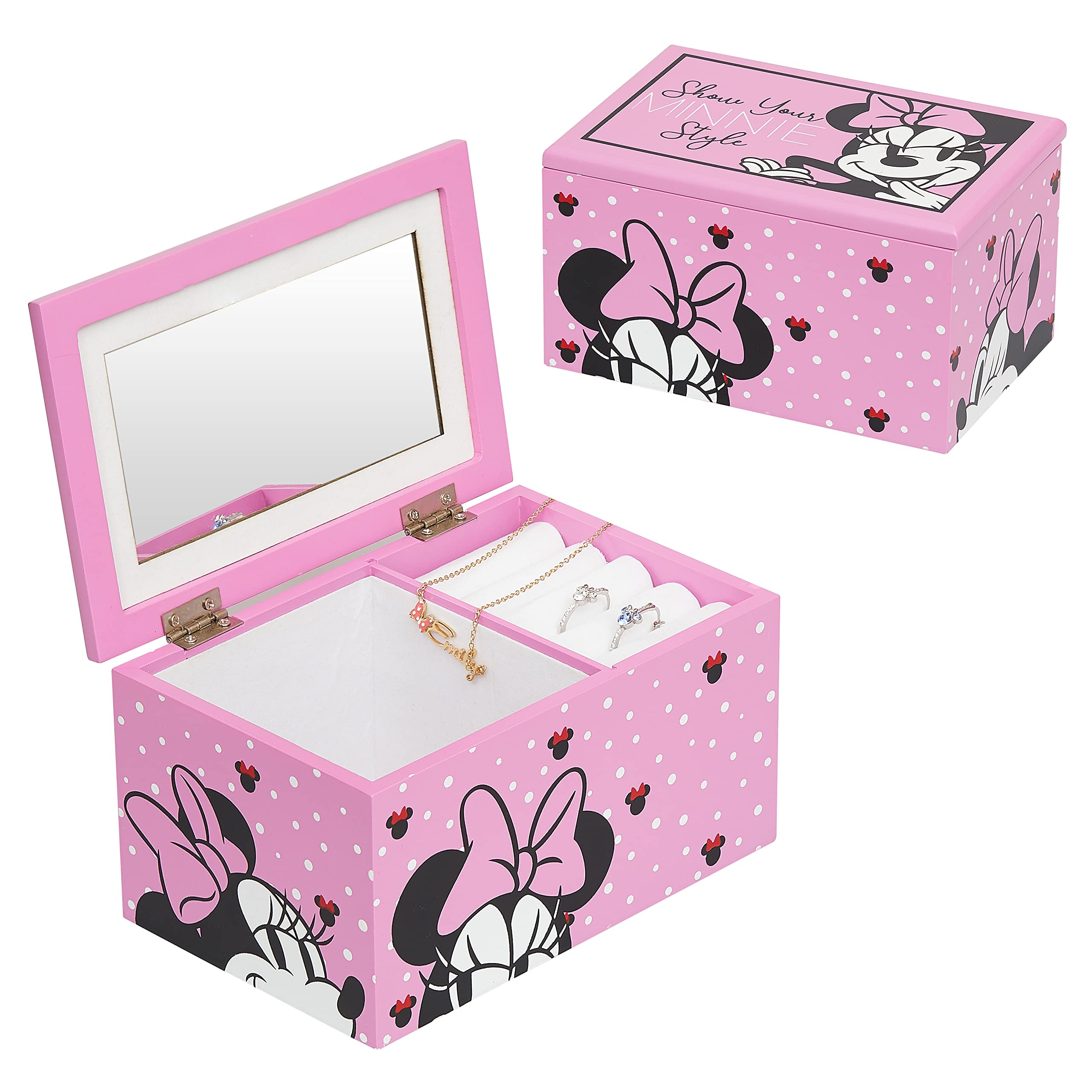 Disney Minnie Mouse Pink Jewelry Box & Organizer - Officially Licensed Show Your Minnie Style (VX700651L) | Perfect for Girls' Room Decor, Gift for Disney Fans & Jewelry Storage