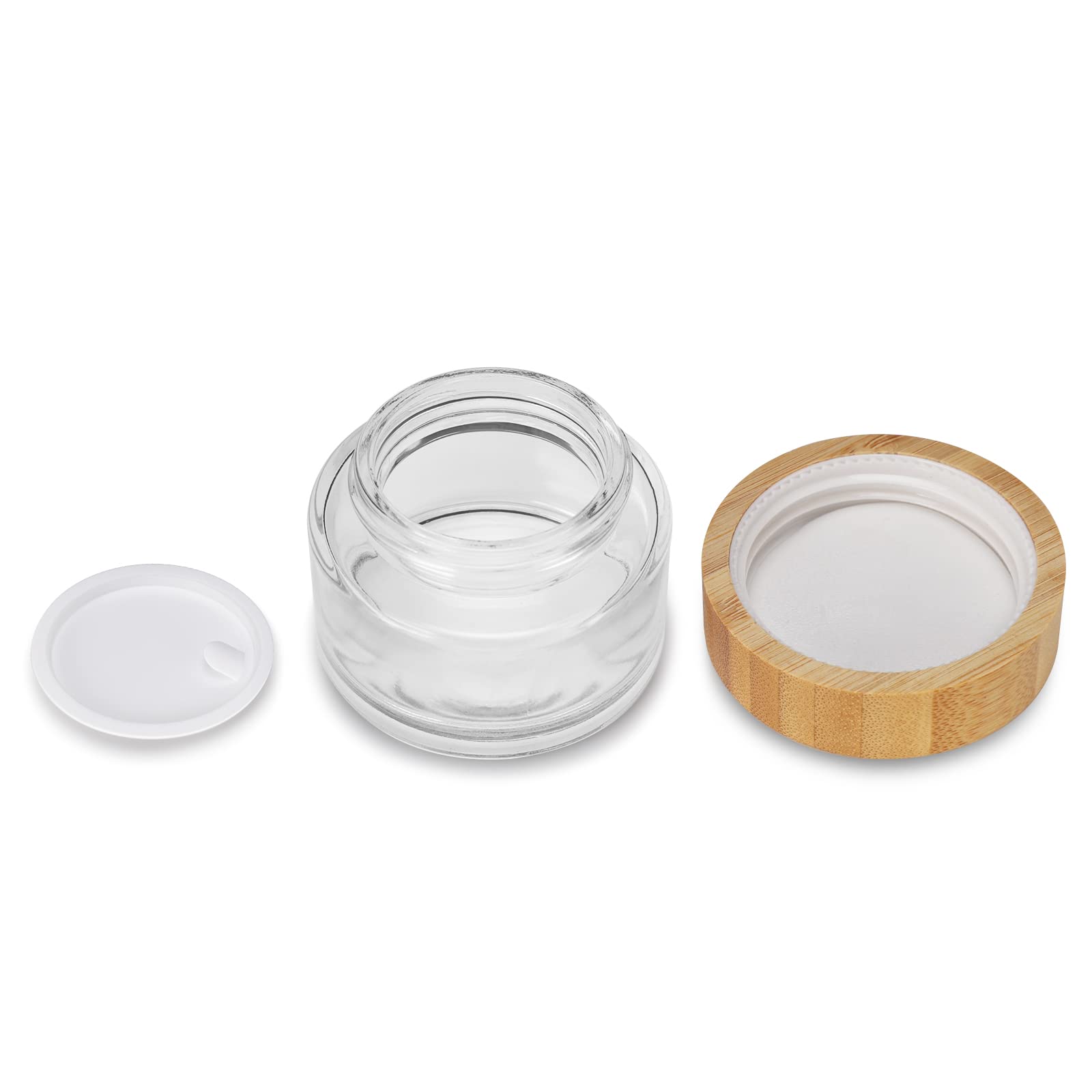 1.7oz (50ml) Clear Round Glass Jars with Bamboo Wood Lids & Seal - Refillable Travel Containers for Lip Balm, Cream, Makeup, Eyeshadow, Slime | Perfect for DIY Cosmetics, Toiletries & Craft Storage | Home, Salon & Travel Use