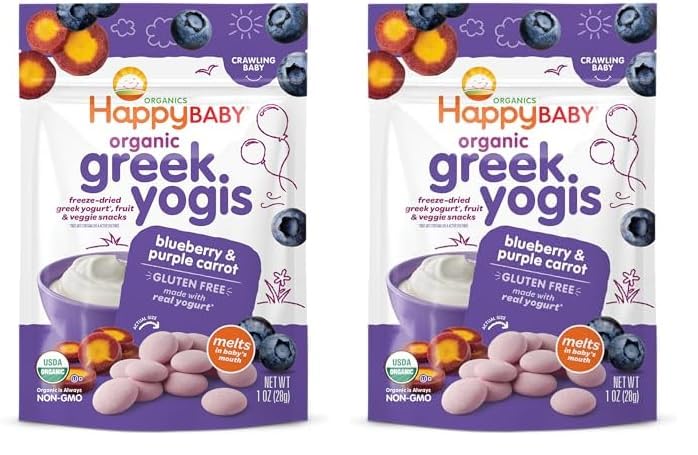 Happy Baby Organics Freeze Dried Yogurt Snacks - Greek Yogis with Blueberry & Purple Carrot | Gluten Free Baby Snacks for 9+ Months | Healthy Toddler Snack for On-the-Go, Daycare & Travel (1oz Pack of 2)