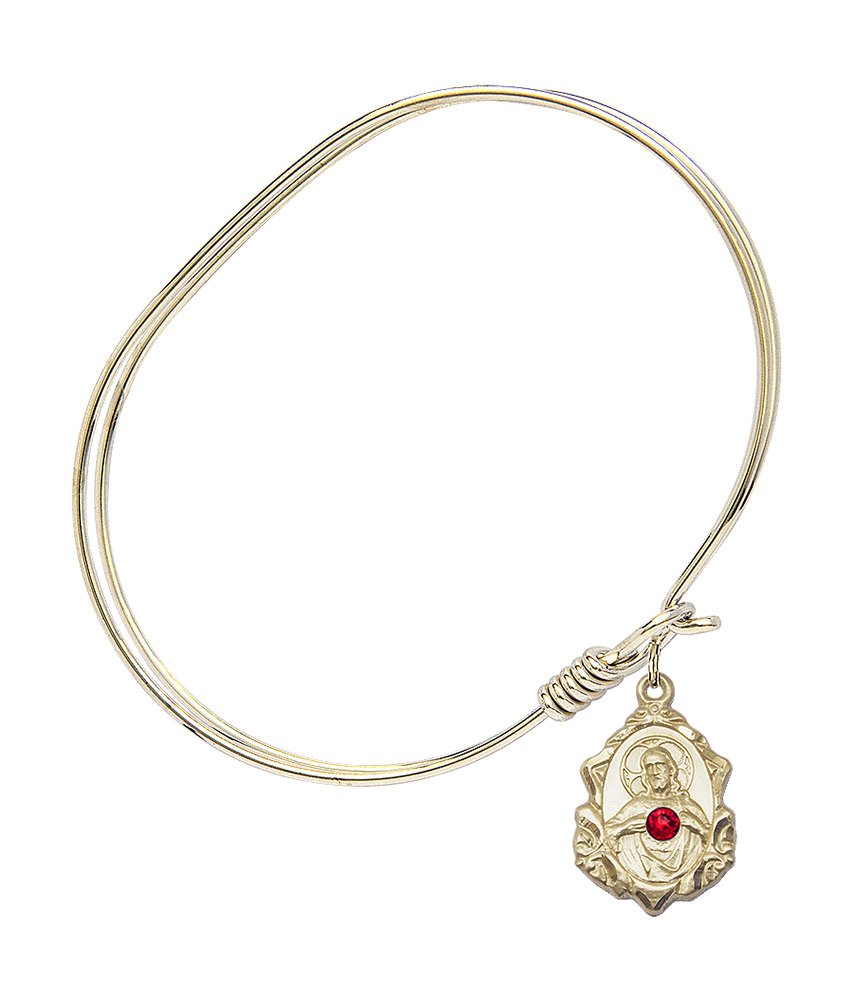 7 Inch Oval Eye Hook Bangle Bracelet with Scapular Medal Charm & July Red Crystal - Elegant Jewelry for Women, Perfect for Daily Wear, Parties, and Gifts