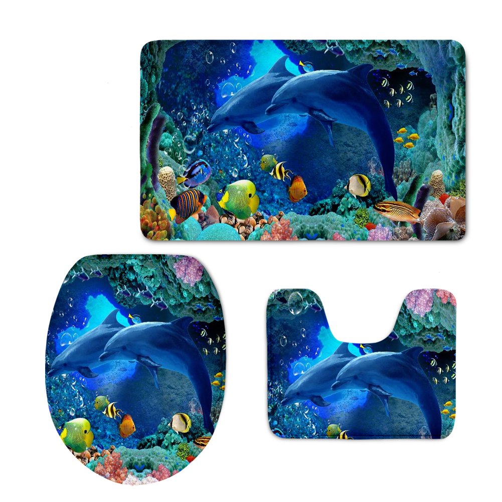 FUIBENG 3-Piece Non-Slip Bathroom Rug Set with Seaworld Dolphin Design - Includes Bath Mat, Contour Mat & Toilet Cover - Soft Absorbent Microfiber for Bathroom, Kids Room & Beach House Decor