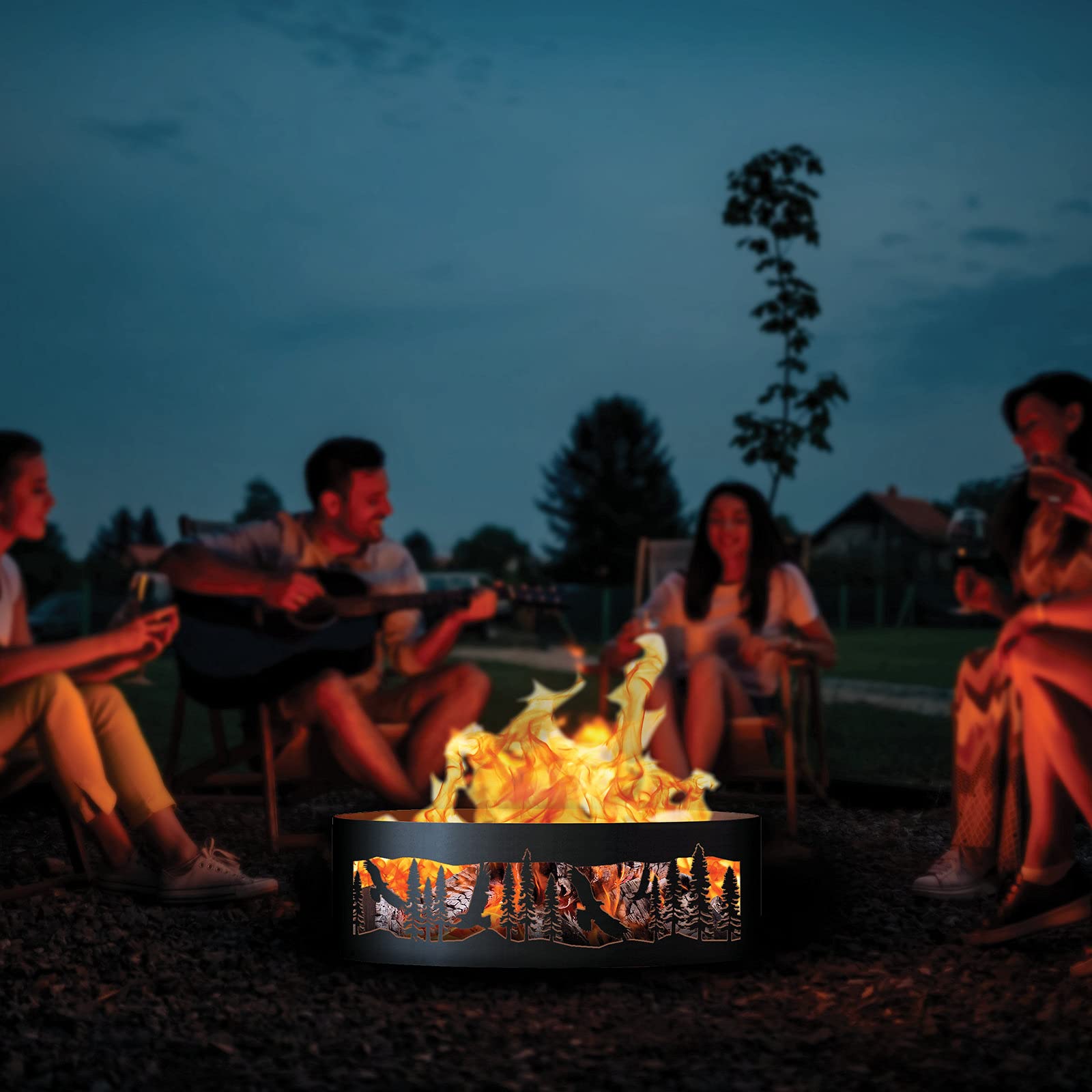 PD Metals SOEA01530-FP 12-inch Tall 30-inch Diameter Rustic Black Outdoor Fire Pit Ring with Fire Poker - Heavy Duty Steel Campfire Ring for Backyard, Patio, and Camping - Perfect for S'mores, Bonfires & Outdoor Gatherings