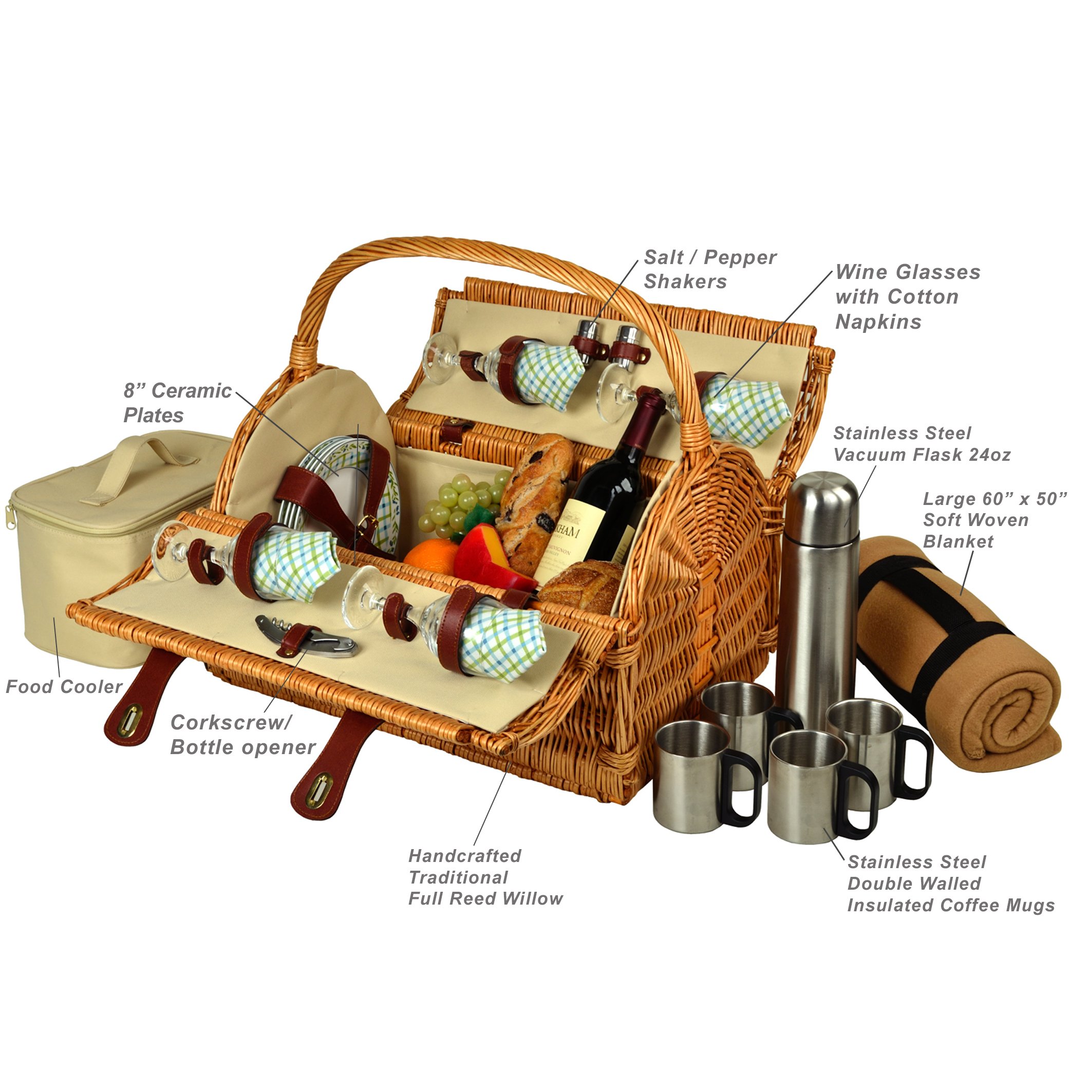 Premium Yorkshire Willow Picnic Basket for 4 with Blanket & Coffee Set - Elegant Outdoor Dining for Parks, Beaches & Garden Parties
