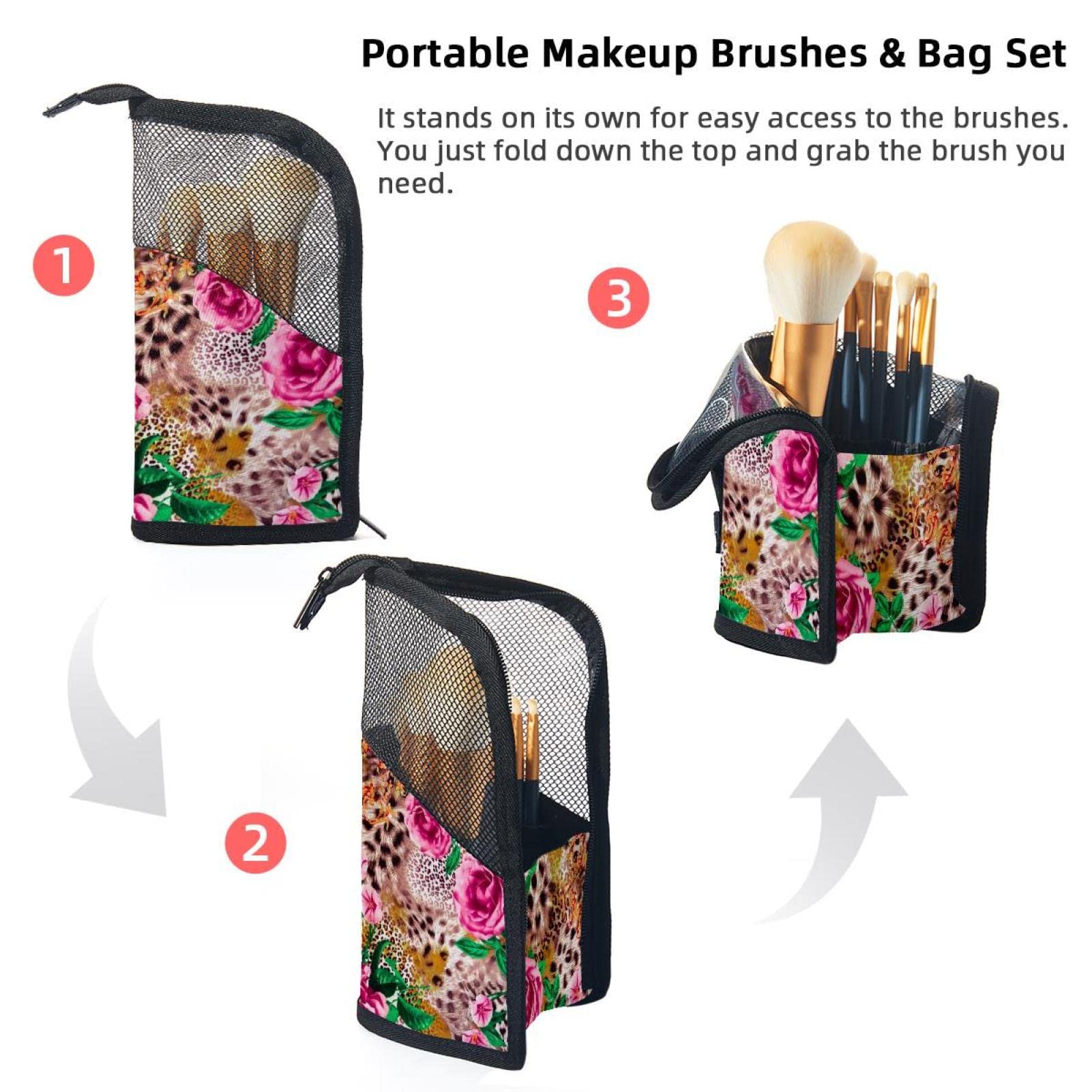 Premium Makeup Brush Organizer Bag with 12 Brushes - Striped, Leopard & Floral Patterns - Portable Cosmetic Brush Holder Case for Travel & Home Vanity Organization