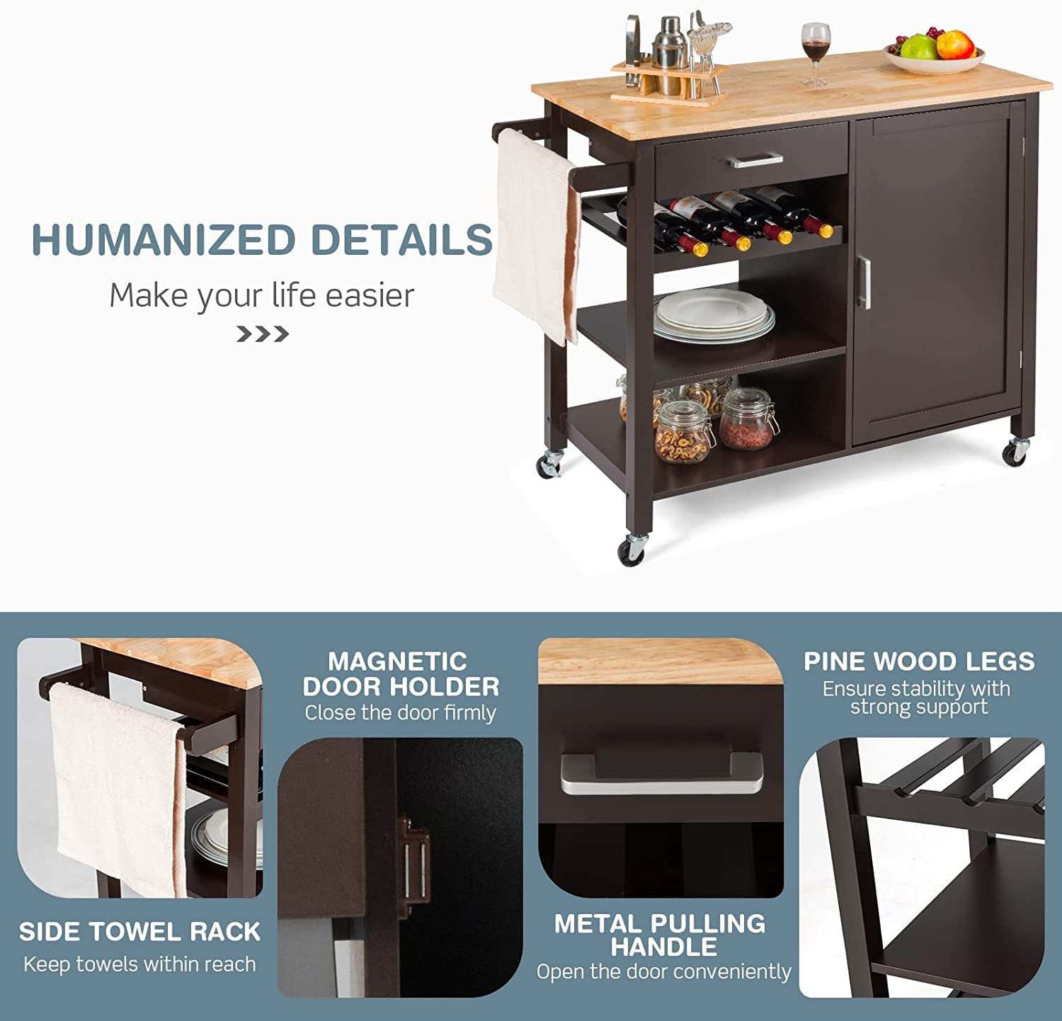 Hysache Kitchen Island Cart with Adjustable Shelves, Lockable Wheels & Wine Rack - Multi-Functional Rolling Storage Cabinet for Kitchen, Dining Room & Bar - Wooden Mobile Trolley in Brown/White (HW66112) - Perfect for Small Spaces, Entertaining & Extra Counter Space