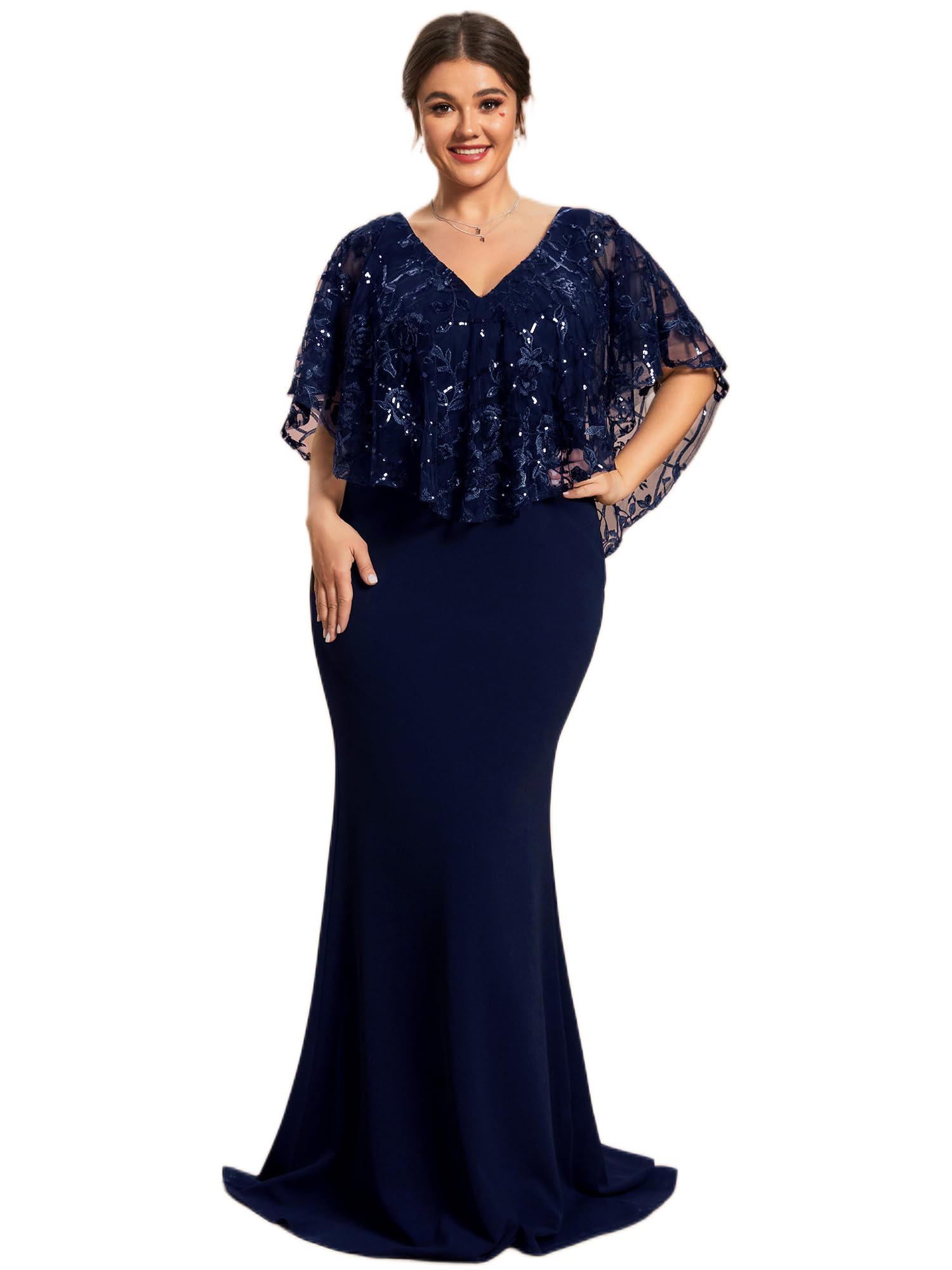Ever-Pretty Plus Size Women's Sequin Bodycon Evening Dress with V-Neck & Short Sleeves - Floor Length Formal Gown for Prom, Wedding Guest & Special Occasions (Style 01798-DA)