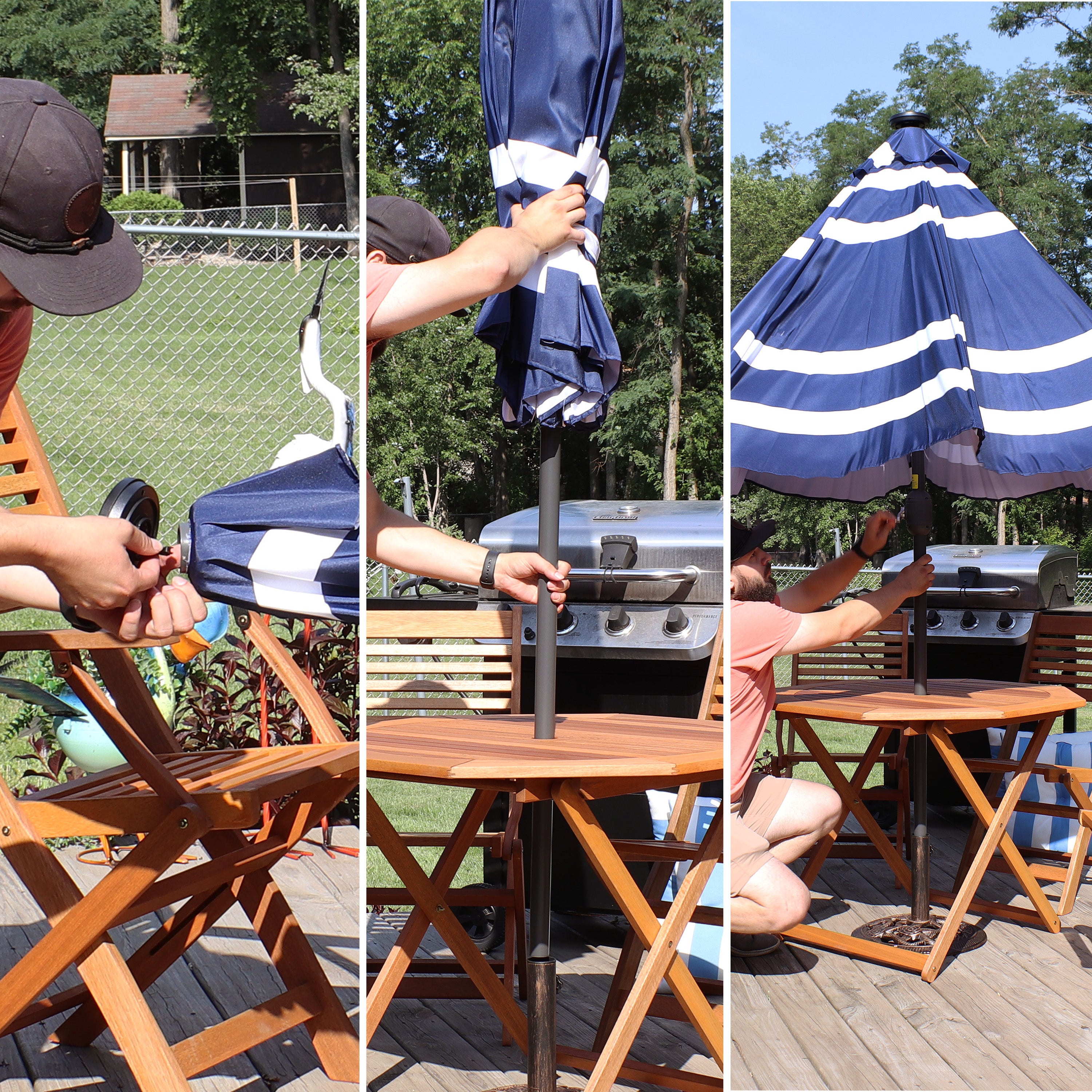 Sunnydaze 9-Foot Striped Outdoor Patio Umbrella with Built-in Solar LED Lights - Perfect for Backyard, Poolside, and Beach Relaxation