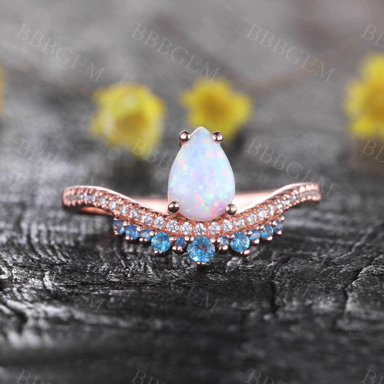 White Opal Diamond Engagement Ring - Blue Topaz October Birthstone Ring - Promise & Anniversary Gift for Her - Perfect for Proposals, Weddings & Special Occasions