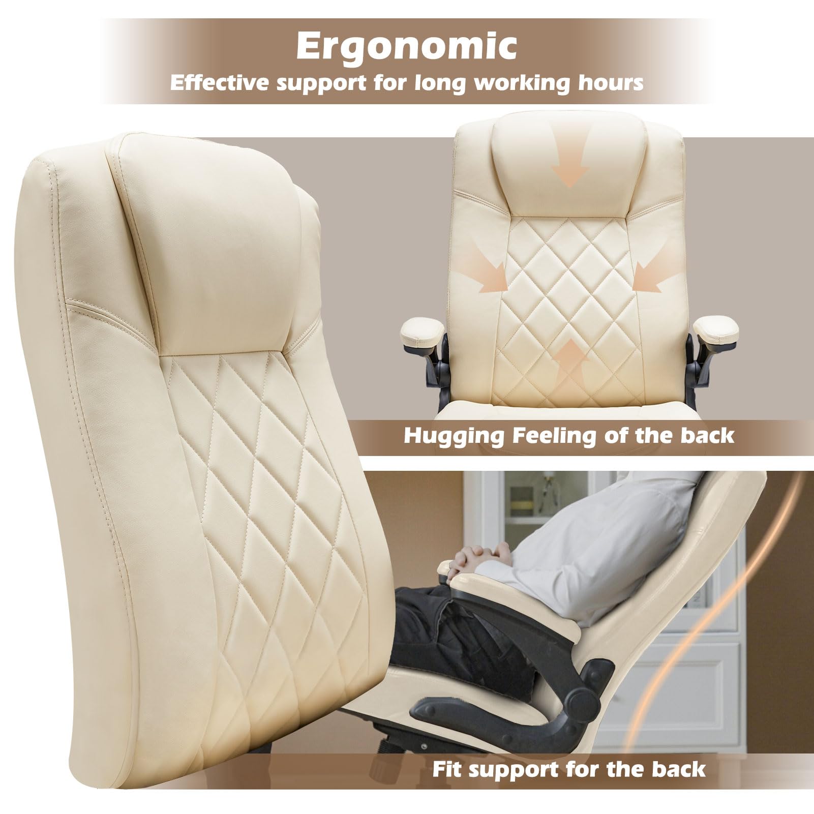 Premium Ergonomic Executive Office Chair with Flip-Up Arms, Adjustable Height & Lumbar Support - PU Leather Swivel Computer Desk Chair with Smooth-Rolling Wheels & Rocking Function (White) - Perfect for Home Office, Gaming Setup & Conference Rooms