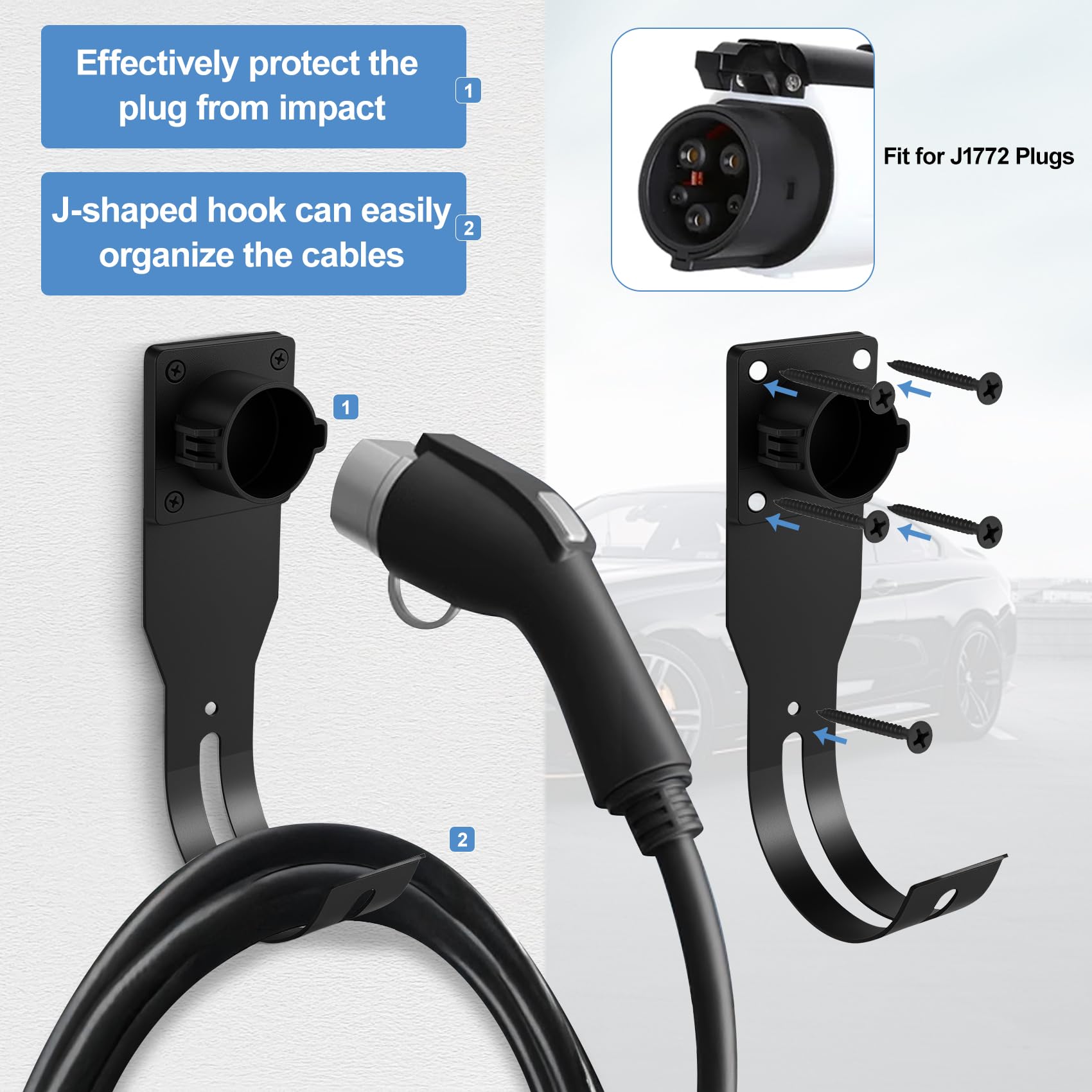 EV Charger Holder Wall Mount Kit - J1772 Connector Compatible Holster Dock & Cable Bracket for Electric Vehicle Charging | Perfect for Home Garage, Workplace & Public Charging Stations