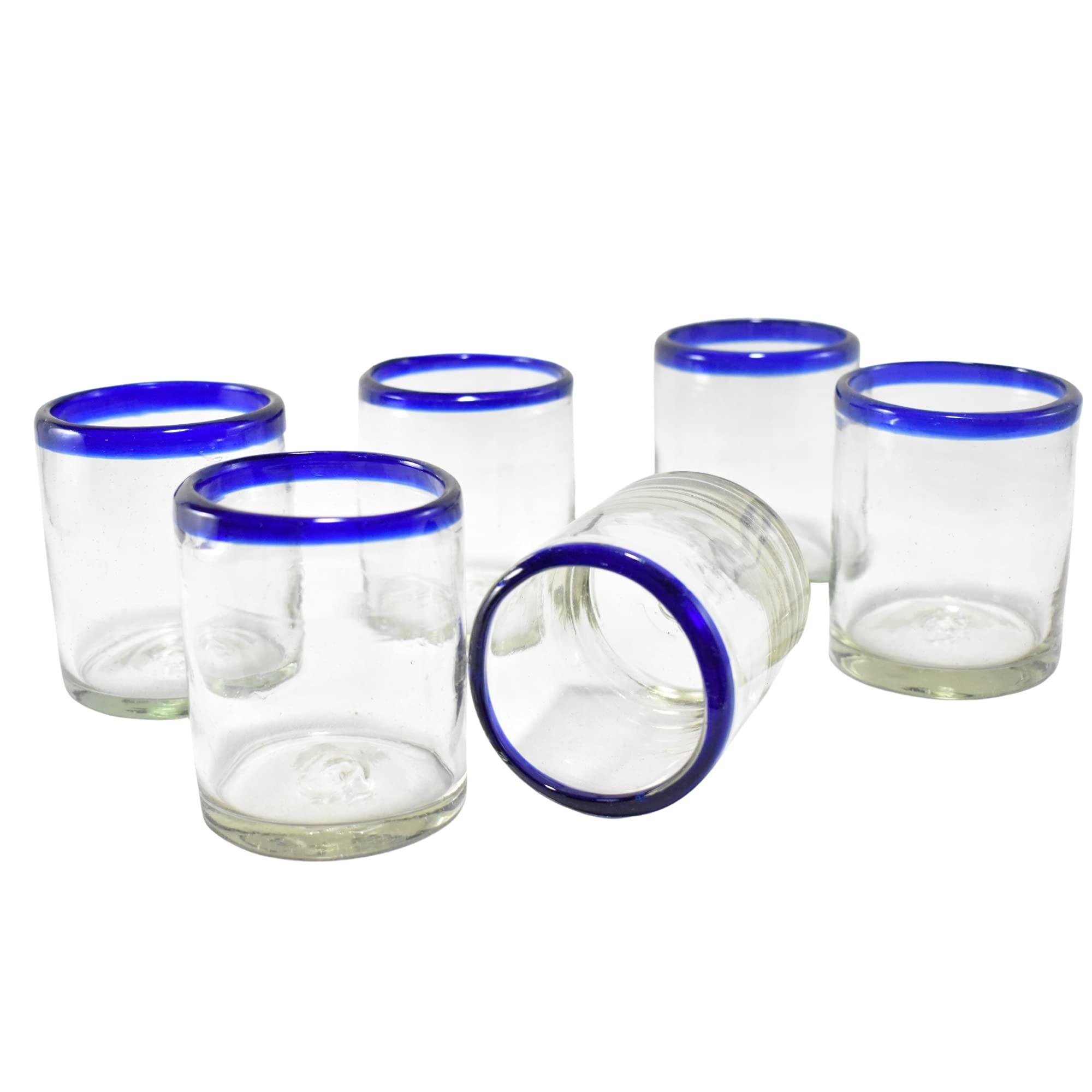 Handmade Mexican Blown Glass Water Tumblers with Cobalt Blue Rim - 6-Piece Set with Pitcher for Iced Tea, Lemonade & Summer Beverages
