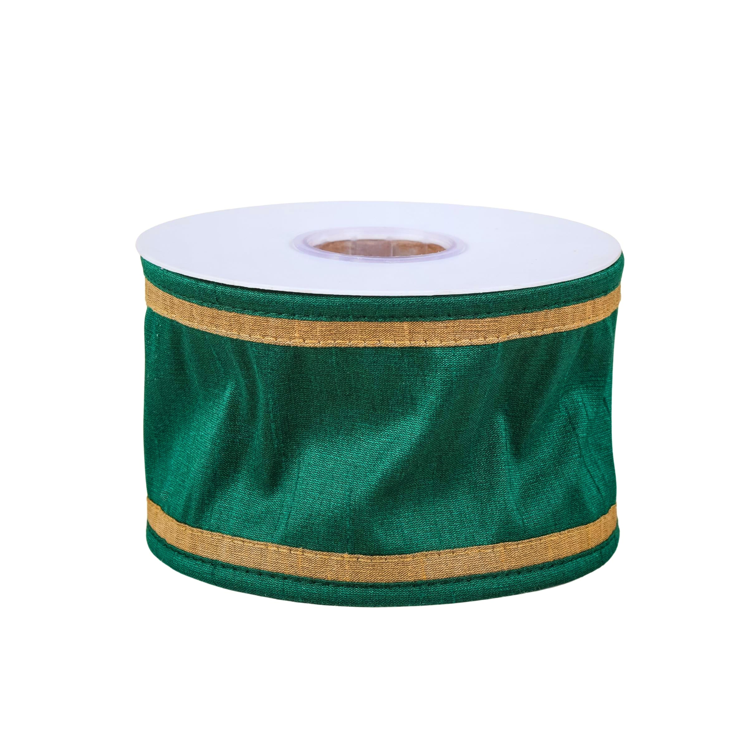 3 Inch HGTV Home Collection Dupioni Double Sided Ribbon - Green & Gold for Gift Wrapping, Wedding Decorations and DIY Crafts