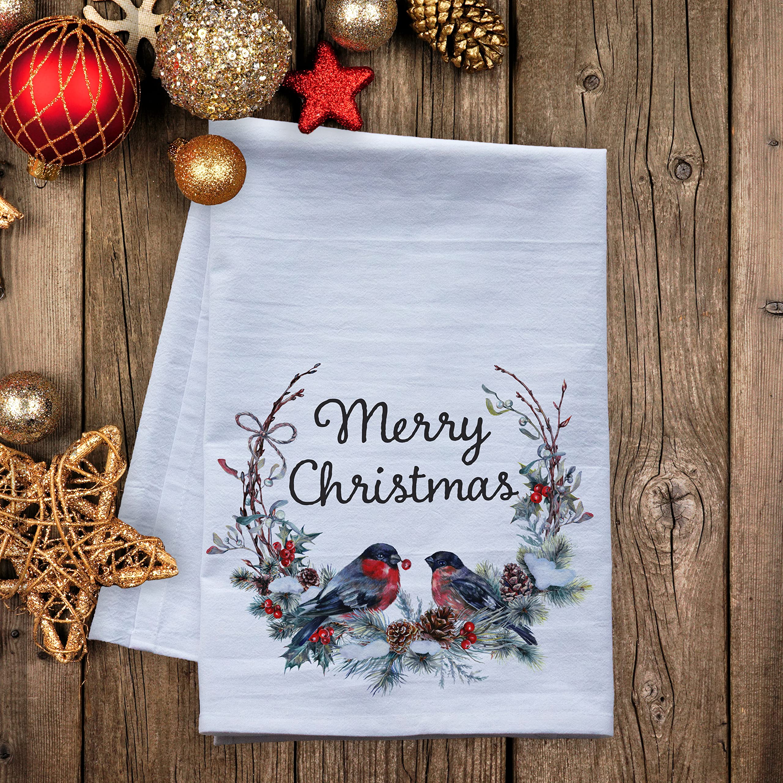 Christmas Flour Sack Dish Towels - Holiday Tea Towels for Xmas Kitchen Decor (Merry Christmas Bullfinch Wreath) | Absorbent Cotton Kitchen Towels for Baking, Cooking & Holiday Decorations