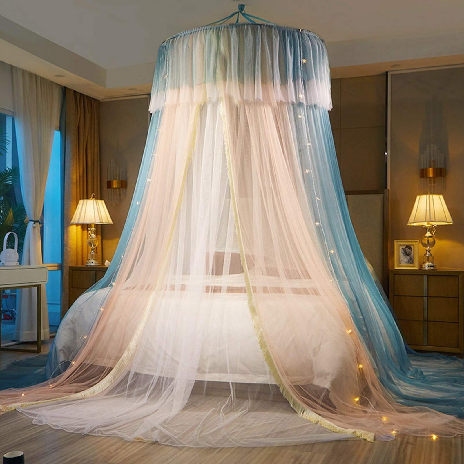 VETHIN Princess Bed Canopy for Girls - Double Layer Sheer Mesh Dome Bed Curtain with Round Lace, Mosquito Net Tent for Twin/Full/Queen/King Size Beds (Blue, Pink, White) - Perfect for Kids' Bedrooms, Nursery Decor, and Princess-Themed Sleepovers