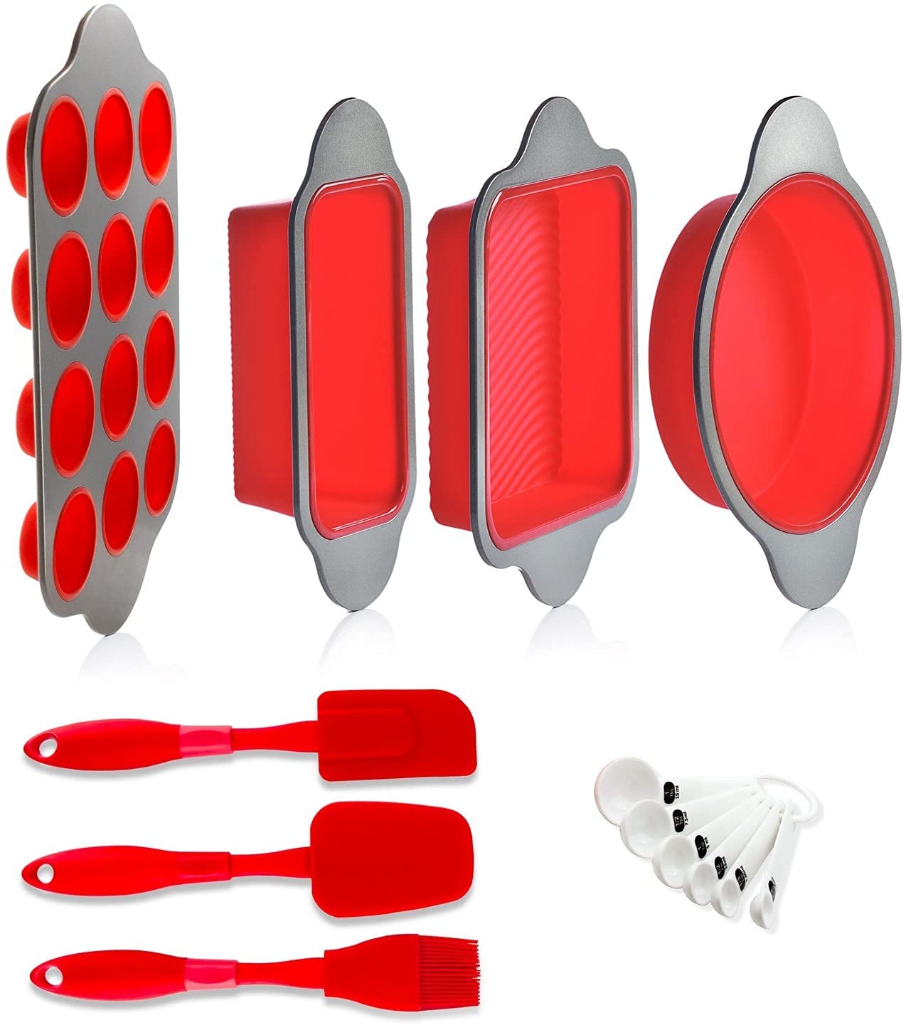 Boxiki Kitchen 13-Piece Non-Stick Silicone Baking Set - Cake Pan, Brownie Pan, Loaf Pan, Muffin Mold with Spatulas, Brush & Measuring Spoons | Oven, Freezer & Dishwasher Safe | Perfect for Baking Cakes, Cookies, Bread & More at Home