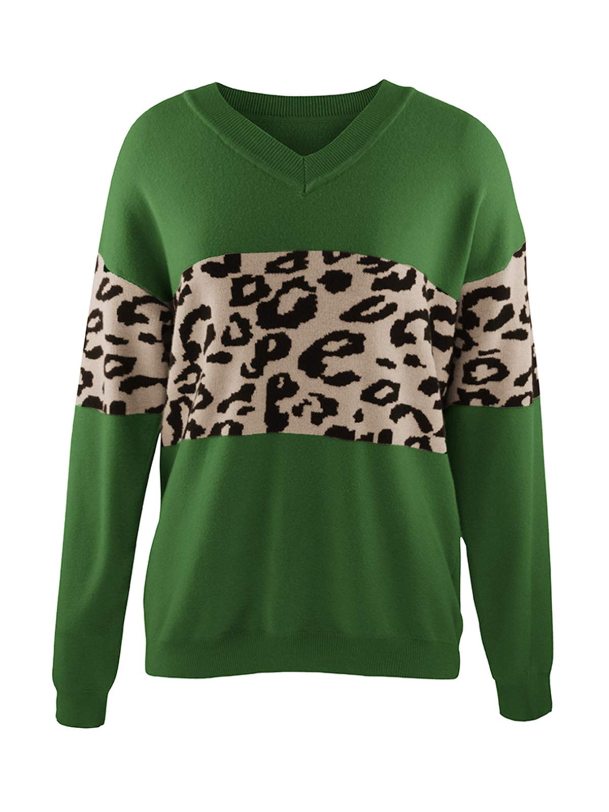 GLIENST Women's V-Neck Leopard Print Sweater - Cozy Knit Pullover for Casual Wear
