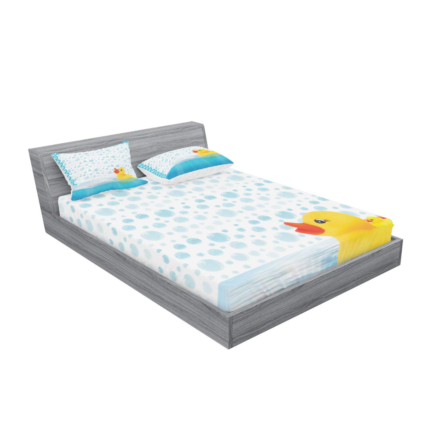 Ambesonne Yellow Duck Fitted Sheet & Pillow Sham Set - Funny Swimming Rubber Duck with Bubbles & Waves Print - 2-Piece Full Size Bedding Set in Sky Blue, Yellow & White - Perfect for Kids' Rooms, Nursery Decor or Whimsical Bedroom Themes