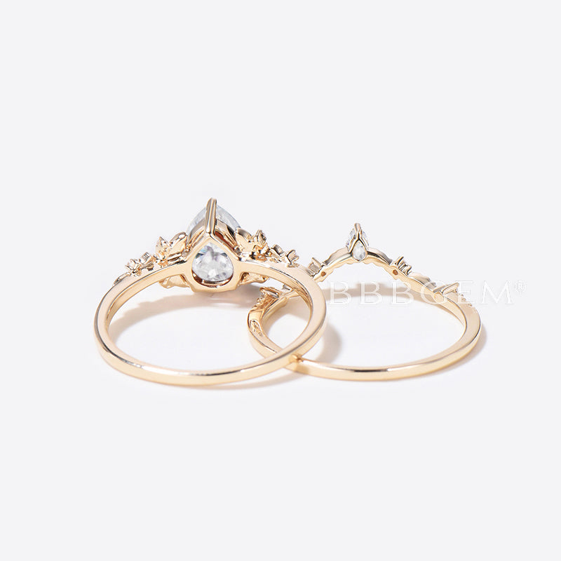 IGI Certified Pear Lab Grown Diamond Engagement Ring - 14k Gold Floral Leaf Wedding Band Set for Bridal, Anniversary & Special Occasions