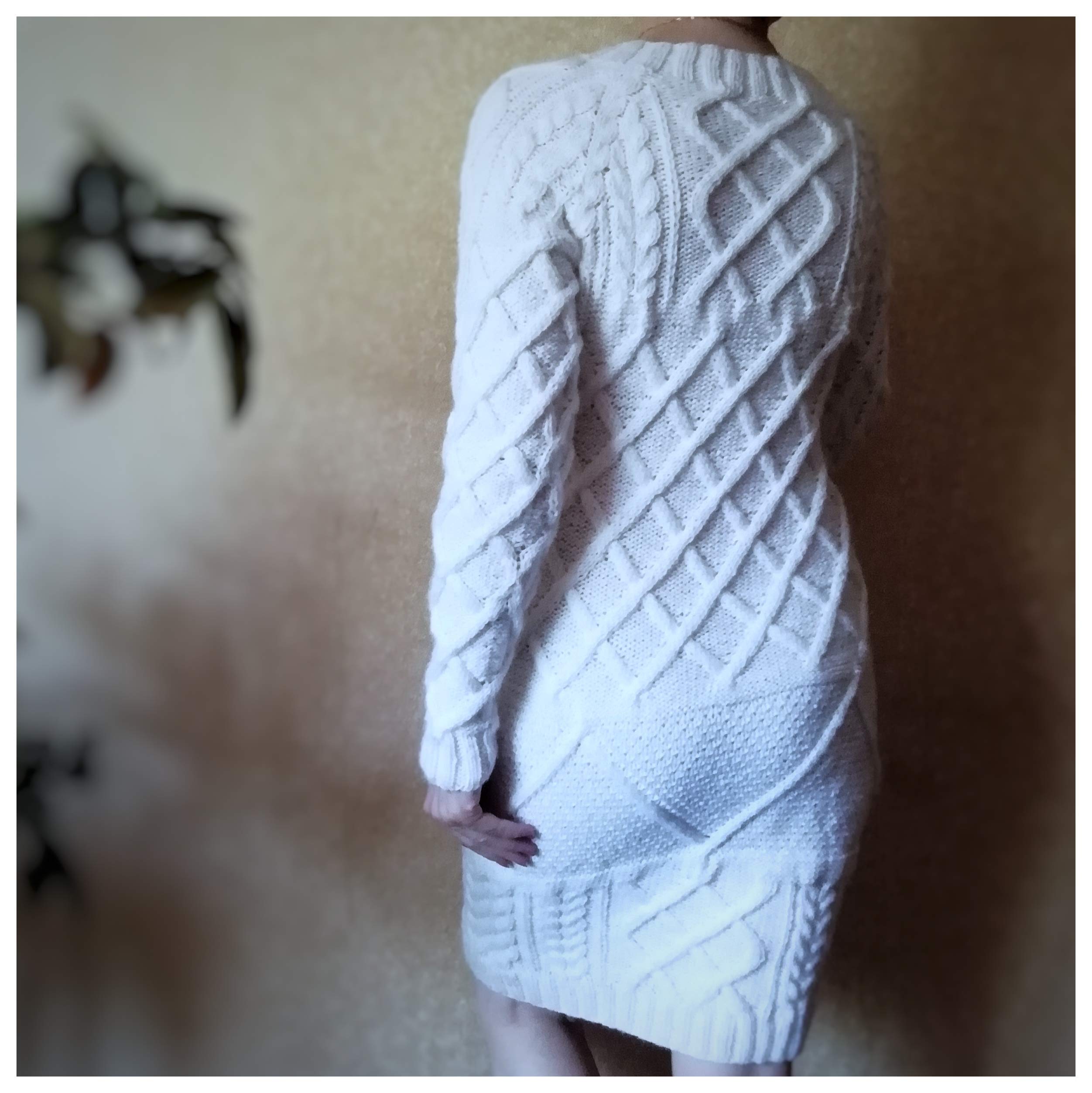 White Women's Angora Dress Long Tunic Aran Fisherman Sweater - Cozy Winter Knitwear for Casual Outings & Holiday Gatherings