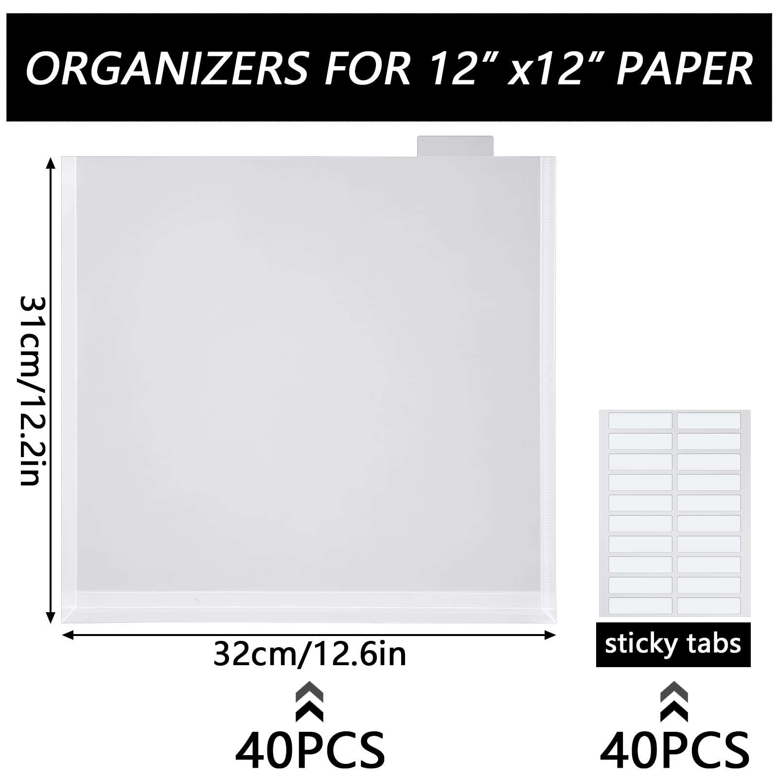 40-Pack Clear Top Loading Scrapbook Paper Organizer - 12x12 Plastic Storage Files with Customizable Tabs for Vinyl, Photos, and Scrapbooking Supplies - Perfect for Craft Rooms, Scrapbooking Projects, and Photo Organization