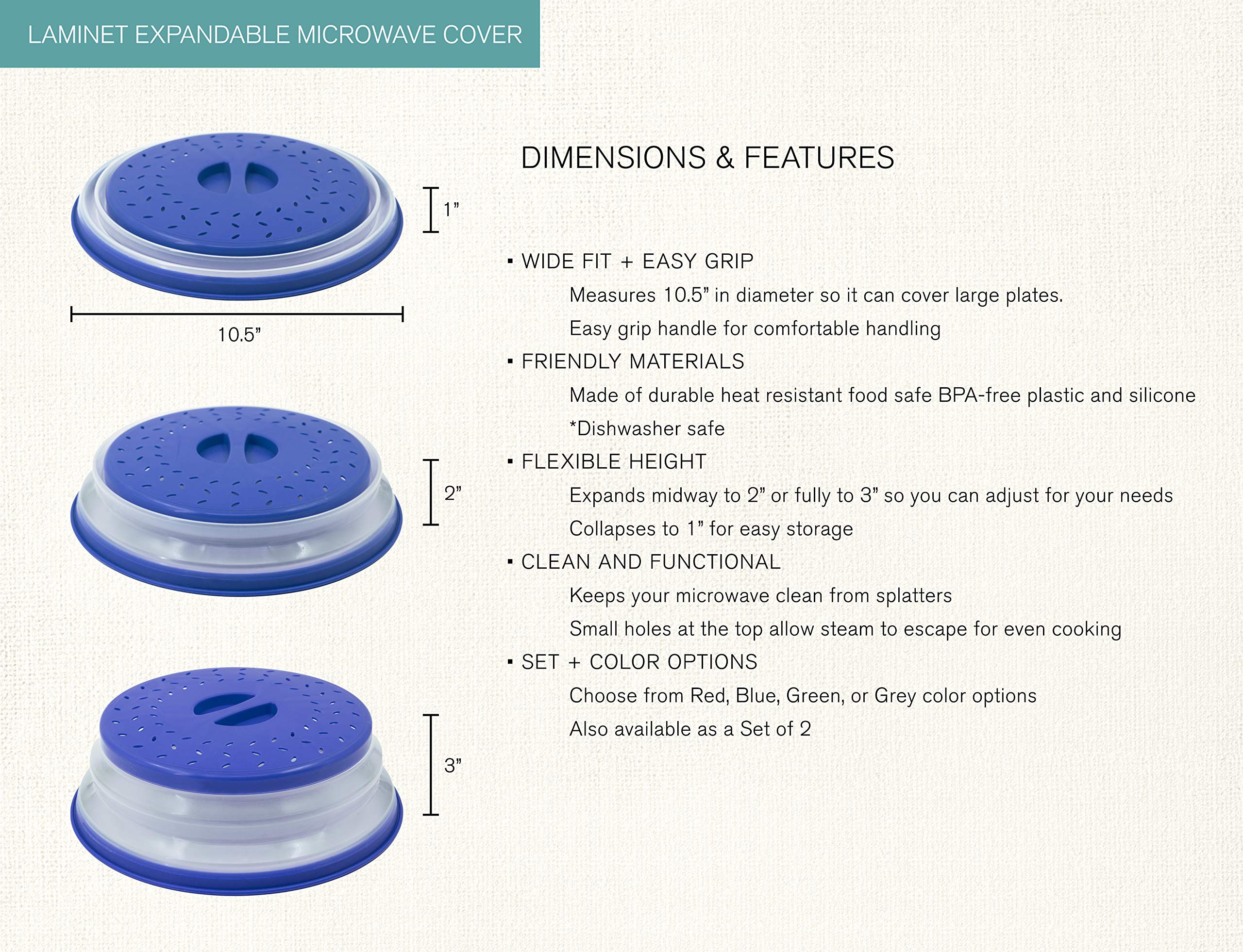 LAMINET Expandable Microwave Bowl Cover Set of 2 - Stretchable Splatter Guard for Food, BPA-Free Plastic - Perfect for Reheating Meals, Preventing Mess in Microwave (Blue)