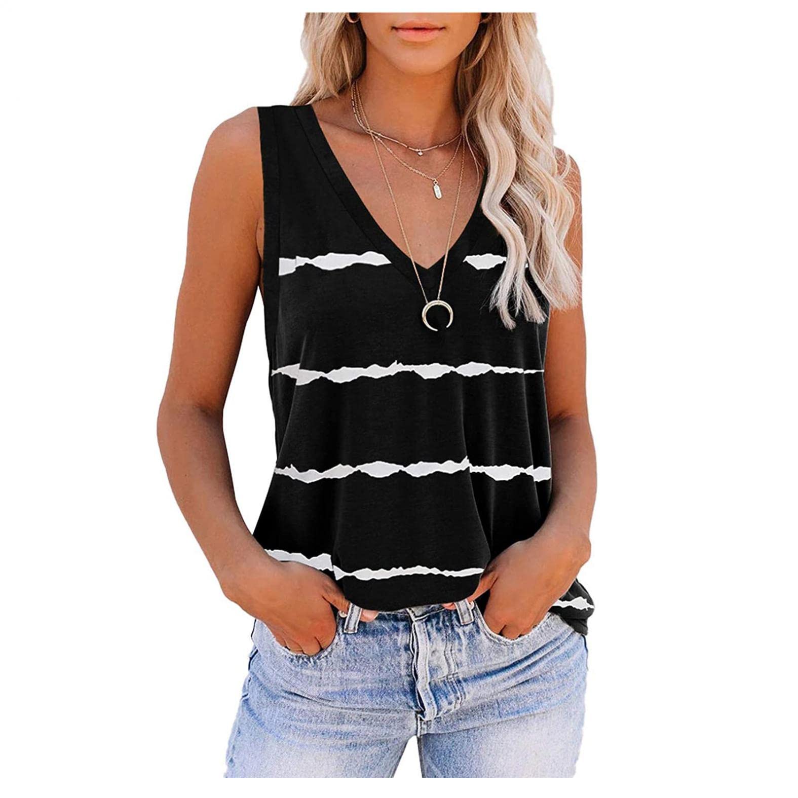 FABIURT Women's V-Neck Sleeveless Striped Tank Tops - Casual Loose Fit Summer Tee Shirts for Women - Trendy Striped Tops for Beach, Gym, Yoga & Everyday Wear
