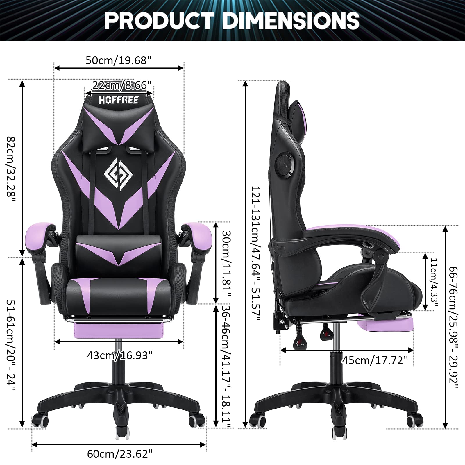 Ergonomic Massage Gaming Chair with Bluetooth Speakers & RGB LED Lights - High Back Computer Chair with Lumbar Support, Footrest - Purple & Black for PC Gaming, Home Office & Entertainment
