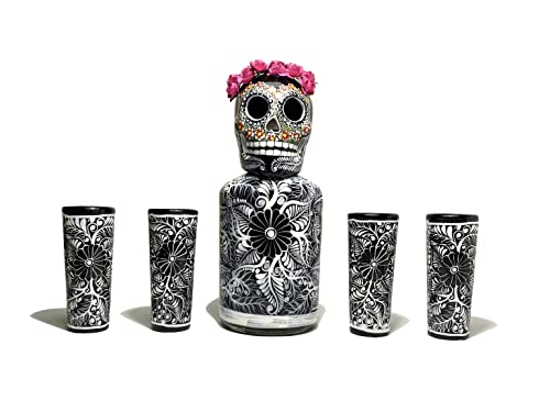 Hand-Painted Catrina Decanter Set with 4 Tequila Shot Glasses - Elegant Barware Collection for Home Bars, Mexican-Themed Parties & Unique Gifts (Black Catrina Design)