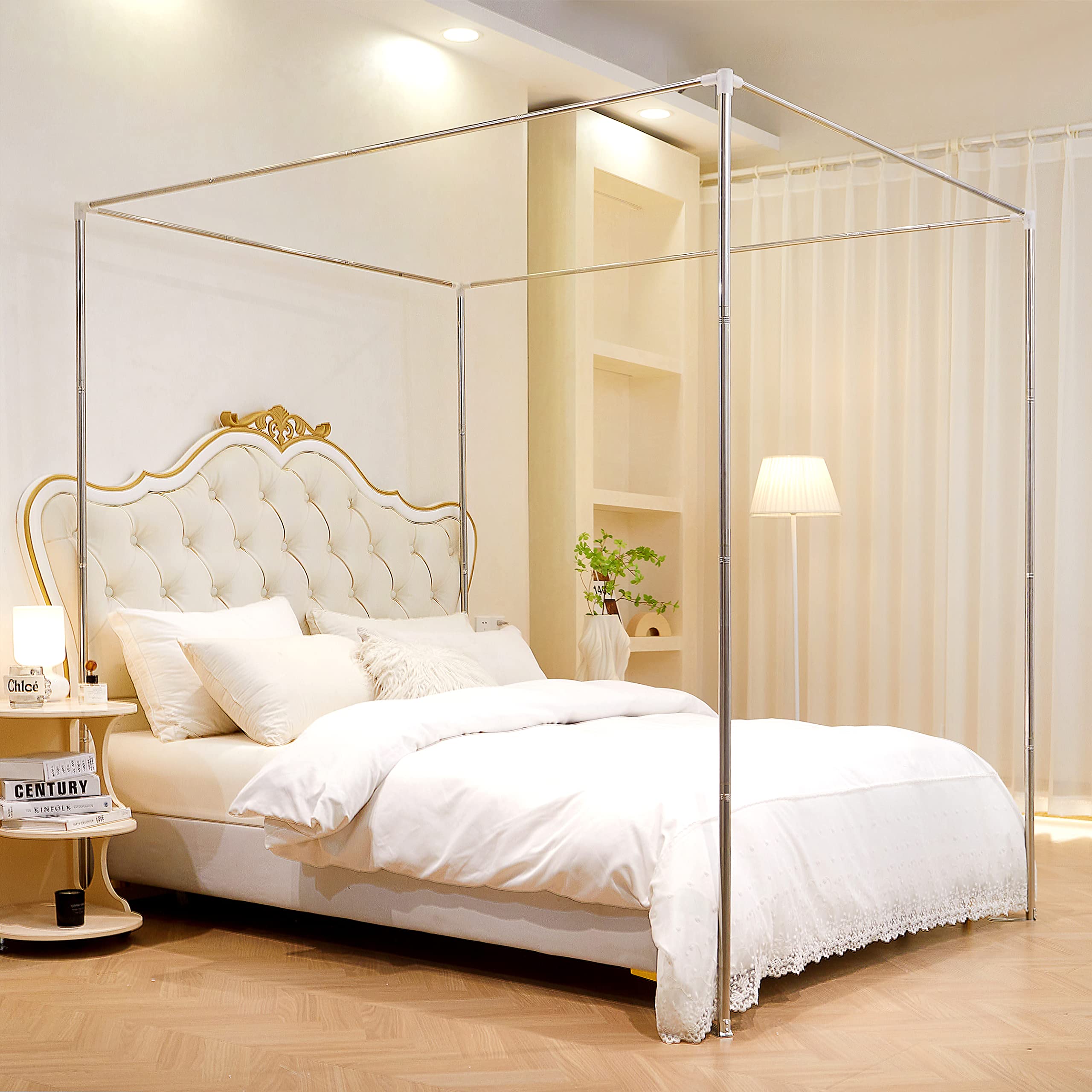 Full Size Canopy Bed Frame with Thickened Stainless Steel Posts - 4 Corner Canopy Frame for Mosquito Nets & Bedroom Decor - Perfect for Master Bedrooms, Guest Rooms & Bohemian Style Decor