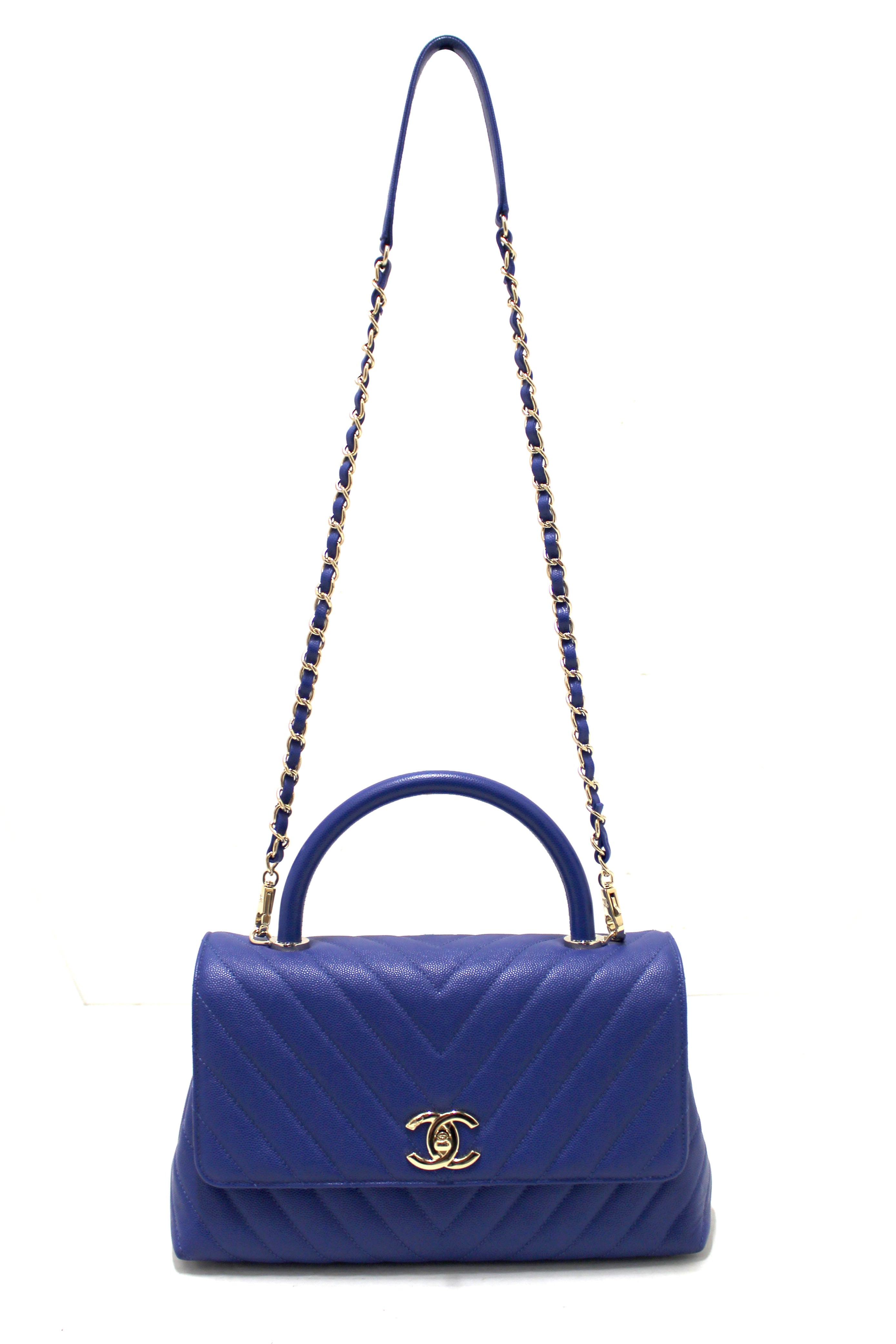 Authentic Chanel Blue Chevron Caviar Leather Medium CoCo Handle Flap Bag | Luxury Designer Handbag for Women | Perfect for Parties, Weddings & Everyday Elegance
