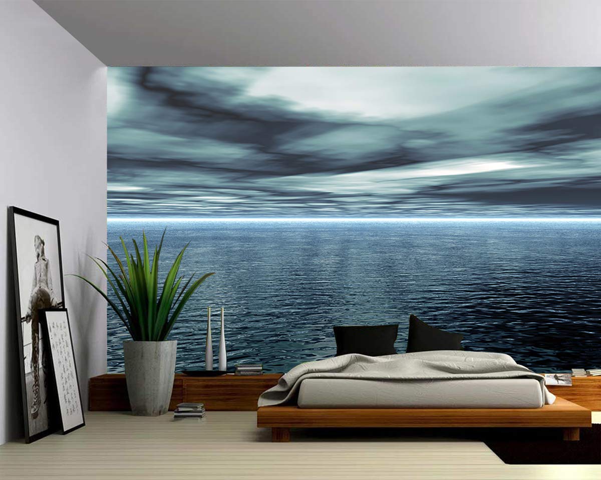 Self-Adhesive Canvas Texture Wall Mural - Seascape Blue Ocean Horizon Peel & Stick Vinyl Wallpaper - 144x96 Inches - Perfect for Living Room, Bedroom, Office & Nursery Decor