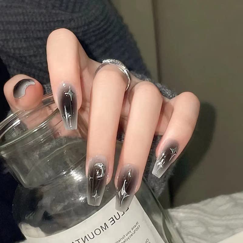 24PCS Grey Black Press on Nails Medium Length - Glossy White Silver False Nails with Star Moon Blush Designs - Full Cover Glue on Artificial Acrylic Fingernails for Women & Girls - Perfect for Parties, Weddings, and Daily Wear