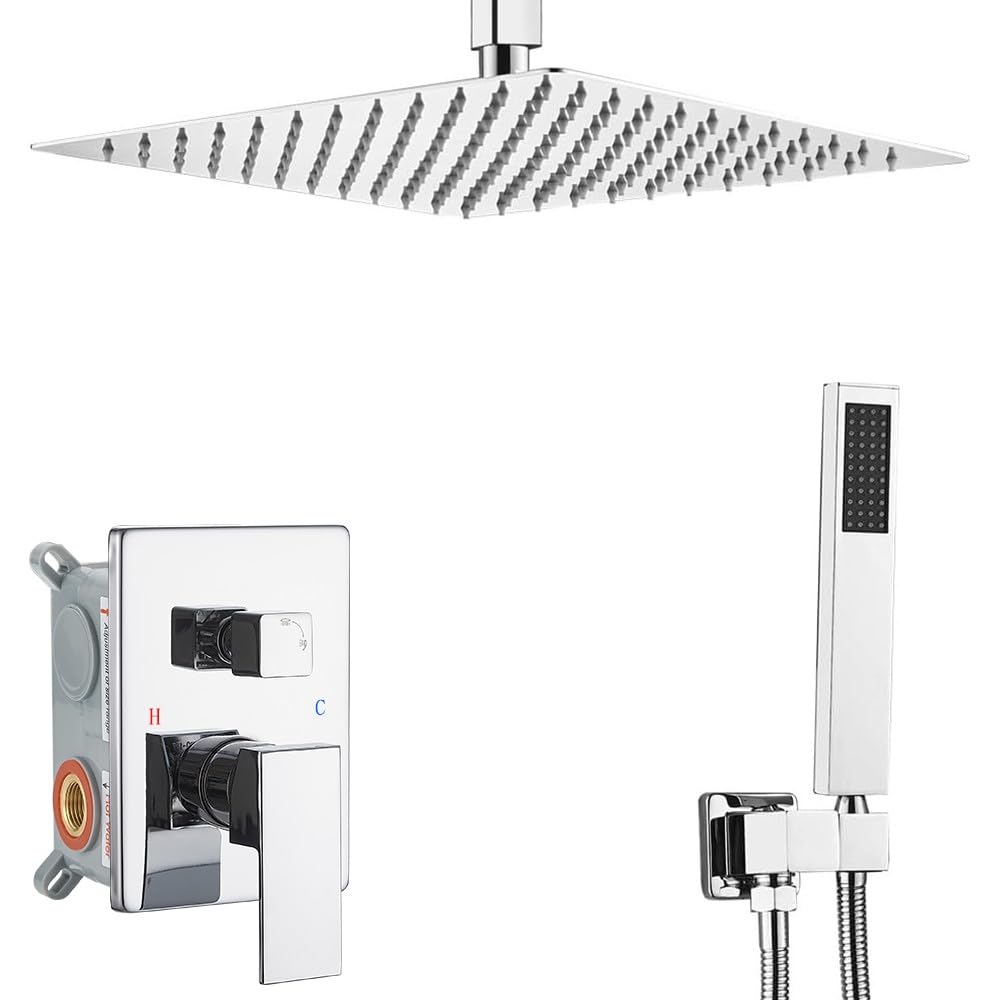 Polished Chrome 12 Inch Rain Shower Head with Handheld - Luxury High Pressure Shower System Combo Set (Ceiling Mount, Rough-in Valve & Trim Included) - Perfect for Modern Bathrooms & Spa-Like Shower Experience