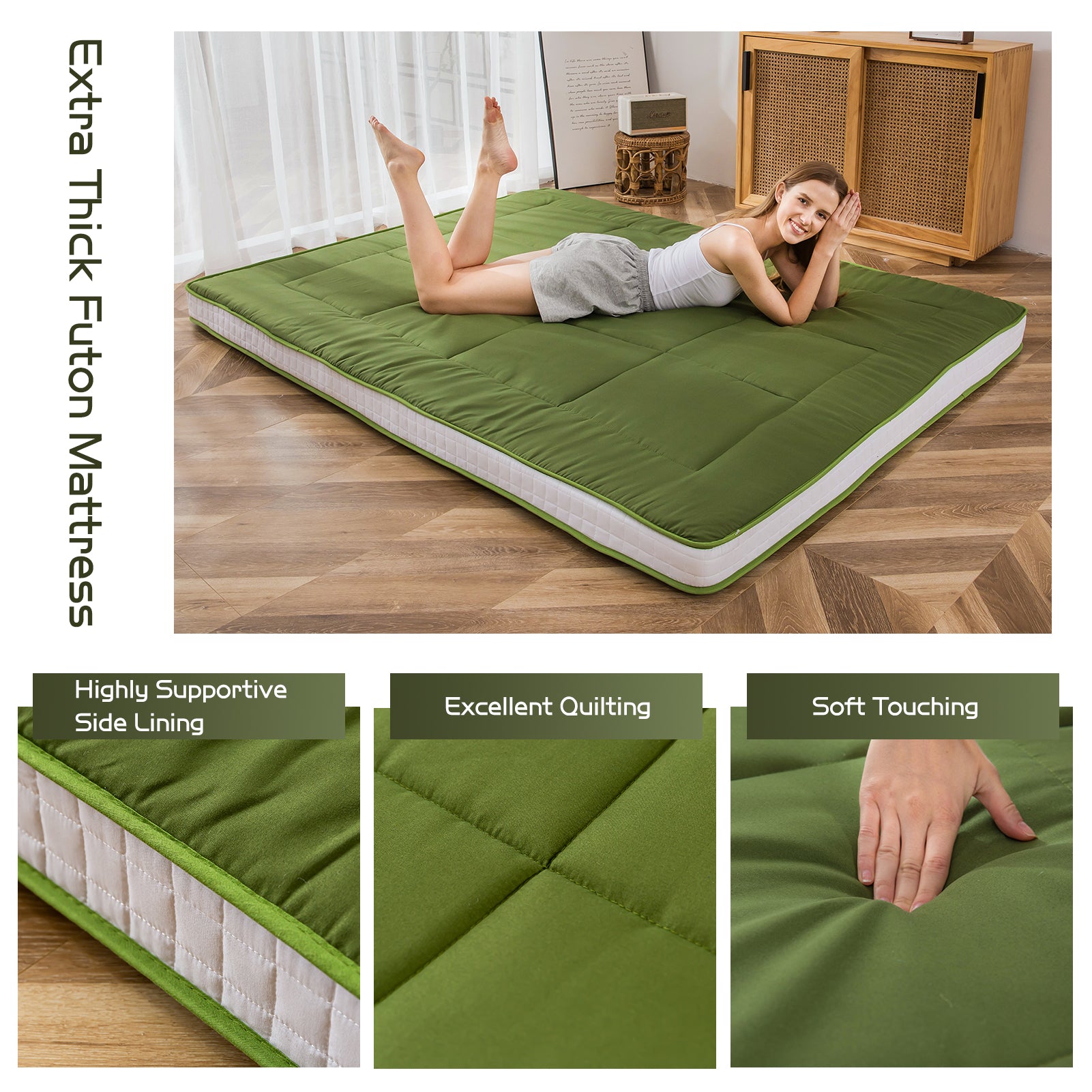 MAXYOYO Padded Japanese Floor Mattress - Green Foldable Roll Up Futon Mattress for Bedroom, Guest Room & Travel | Comfortable Floor Sleeping & Lounging