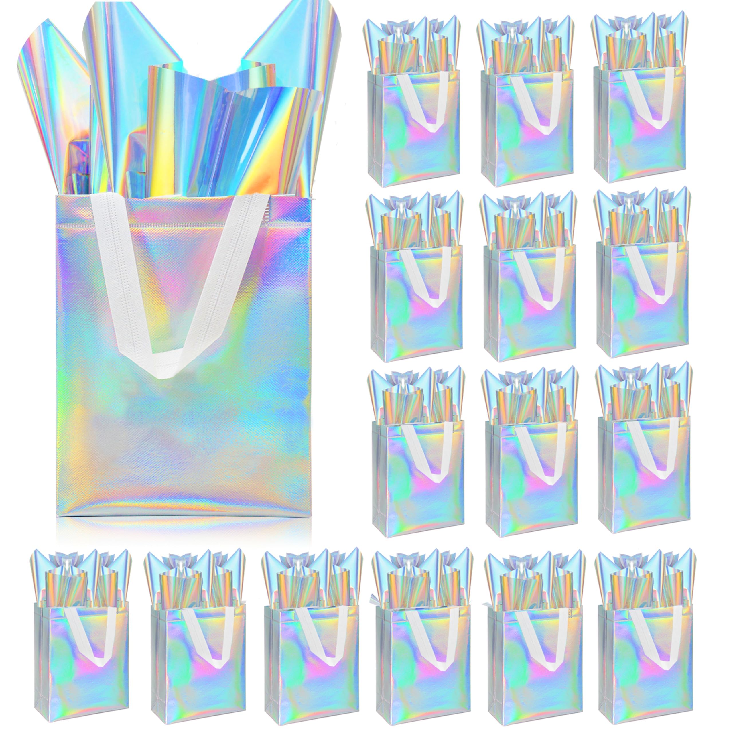 ZIFTY 15 Pcs Reusable Large Gift Bags with Handles - Bulk Non-Woven Goodie Bags with 30 Holographic Tissues for Easter, Birthday, Wedding & Holiday Party Favors (8