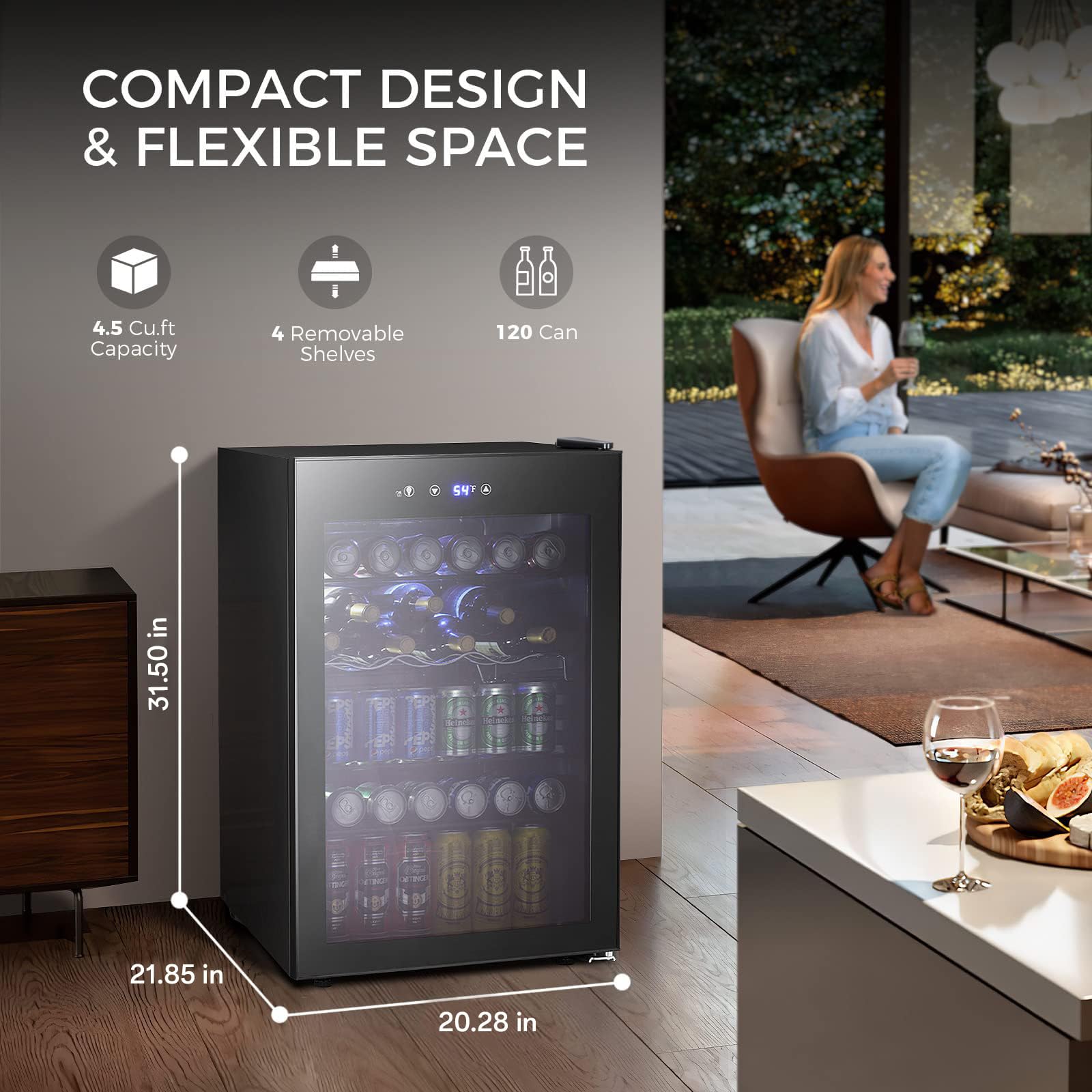 Kismile 4.5 Cu.ft Mini Fridge with Glass Door - 145 Can Capacity Beverage Cooler for Soda, Beer & Wine - Digital Temperature Display - Compact Drink Refrigerator for Home, Office, Bar & Game Room (Black) - Perfect for Parties, Entertaining & Everyday Use