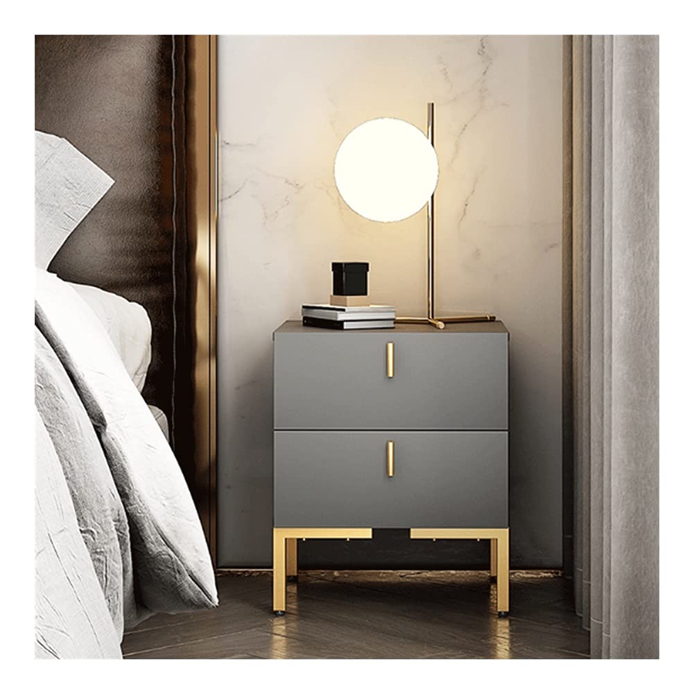 Modern Italian Elm Nightstand with Self-Closing Drawers - Nordic Minimalist Bedside Table in Gray | Ball Bearing Glides, Matte Finish | Perfect for Bedroom, Guest Room & Small Spaces