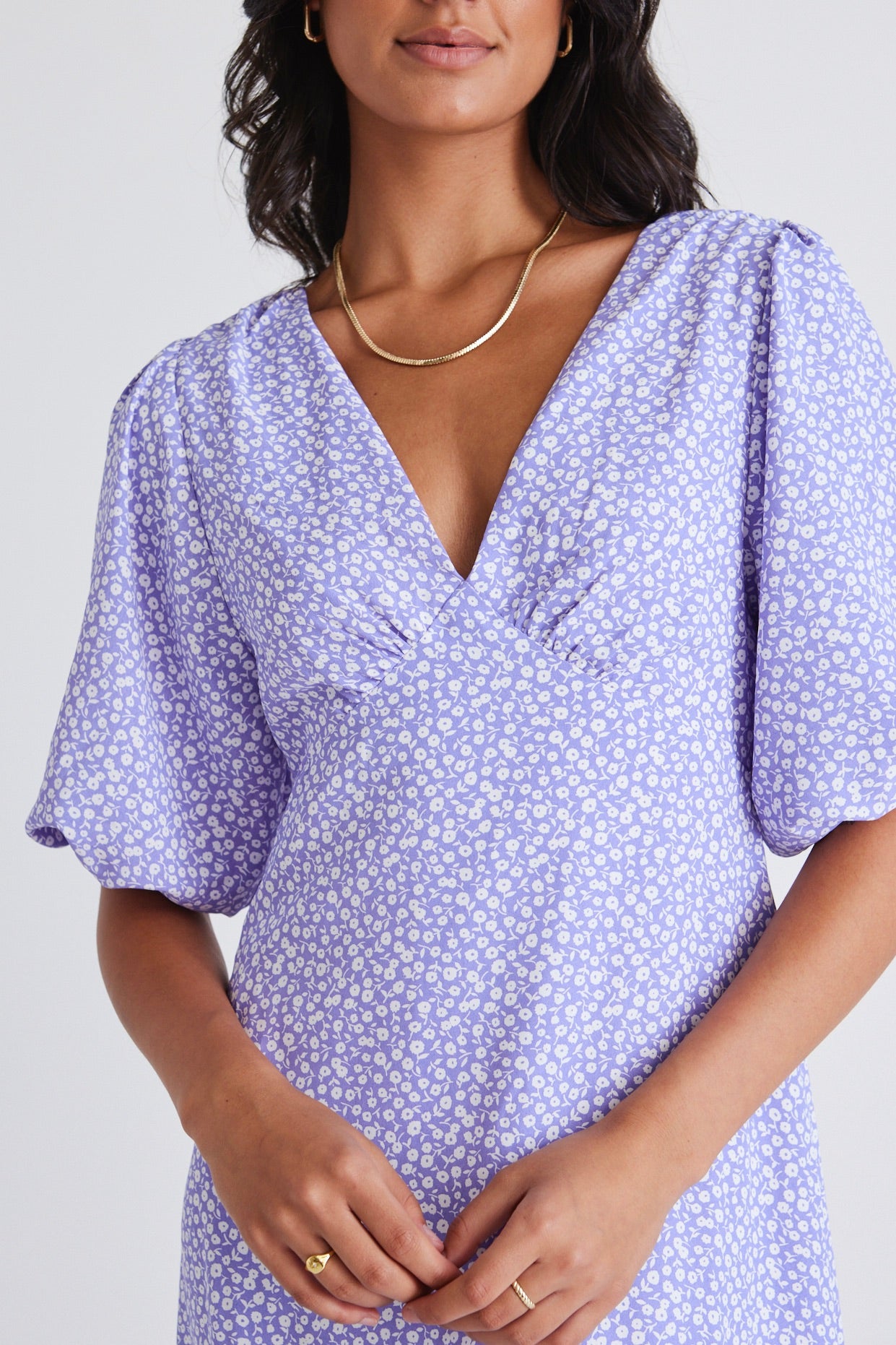 Empire Lilac Ditsy Floral Print Puff Sleeve Midi Dress for Women - Perfect for Spring Weddings, Garden Parties & Date Nights