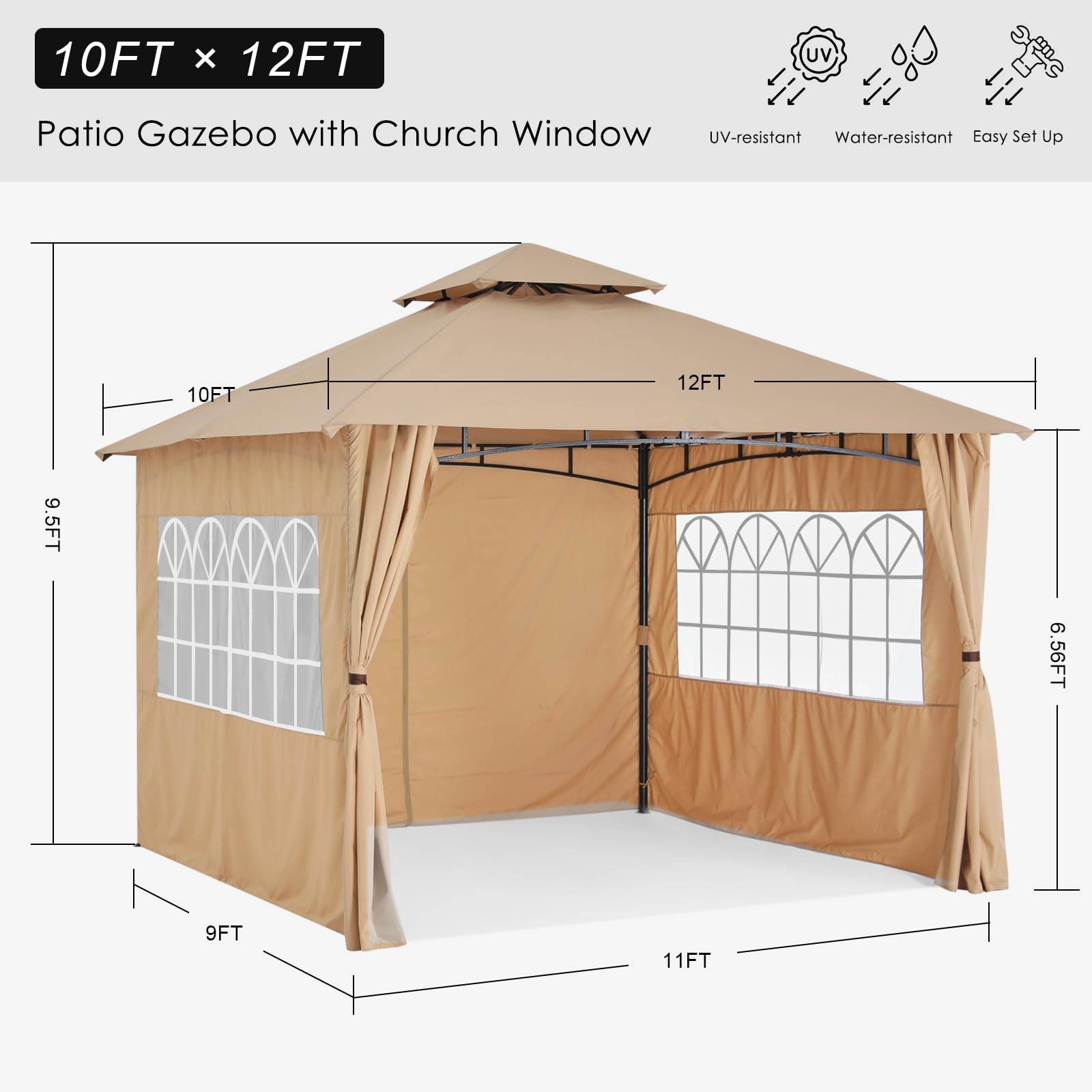 MASTERCANOPY 10x12 Beige Patio Gazebo with Steel Frame & Windows Curtains - Outdoor Canopy Tent for Backyard, Garden, and Poolside Relaxation